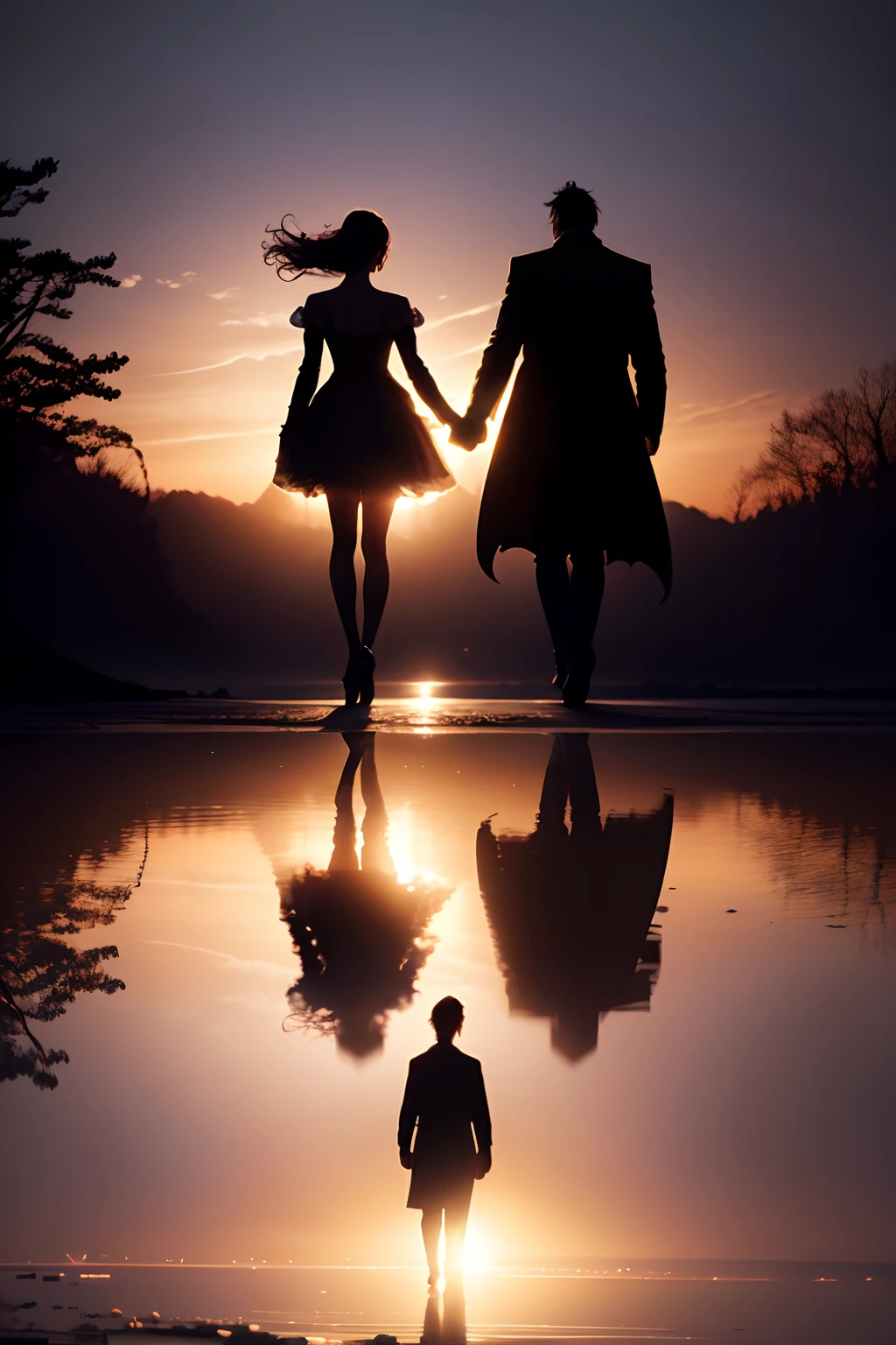 silhouette portrait of a couple, walking into the sunset, holding hands, taken from behind, mystical magical fantasy enchanted ethereal, cinematic shot, cinematic scene, stunning, breathtaking, a sense of magic in the air, magical fantasy, diffused lighting