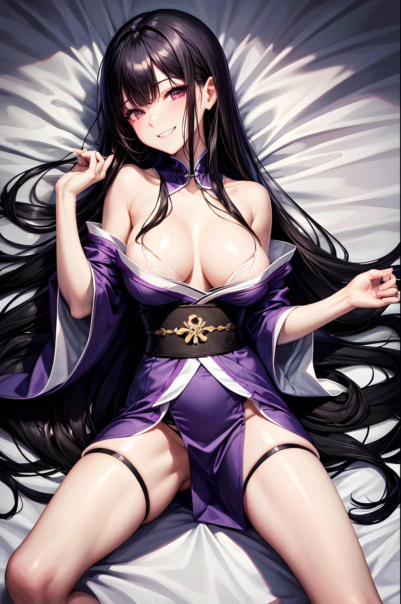 highres, 1girl, sadistic grin, porcelain skin, japanese, long hair, sexy, black hair, straight hair, straight hair bang, silk kimono, body stocking, cleavage, lying on a bed