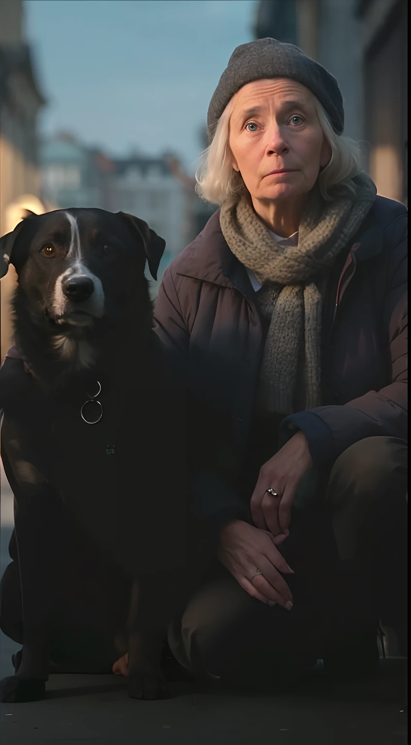 Woman sitting with her dog on city sidewalk, Leica 8K ainda de um filme A24, mulher mais velha, Inspirado em Roger Deakins, Directed by: Matija Jama, Directed by: Petr Brandl, No estilo Roger Deakins, ainda de um filme live action, Directed by: Emma Andijewska, Directed by: Sigrid Hjertén, grandma