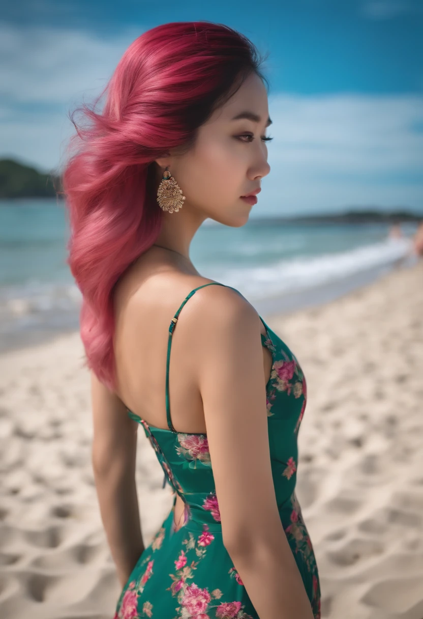 A asian pinkhair woman with beautiful shape of rounded hips and a perfect back at the beach looks at the camera