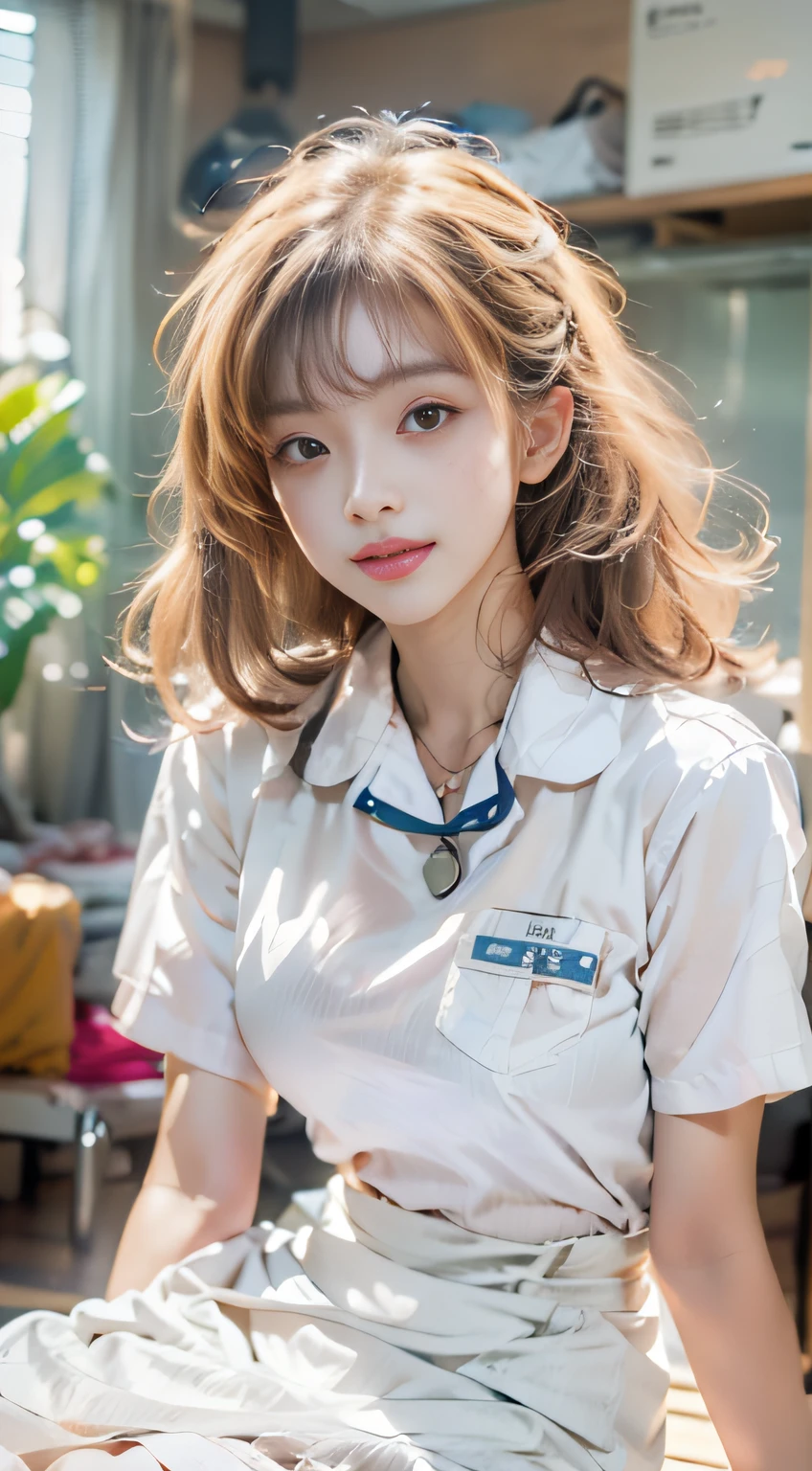 （Very high resolution at 32K, high detailing, highly accurate, masutepiece,a beauty girl１a person,Lori：1.4）,Photography & realistic atmosphere,shinny skin,Beautiful skin,fine-grained white skin,Detailed face,Detailed eyes、Very beautiful eyes with azure eyes,Detailed lips、Very beautiful face,Very well-formed face、Lifelike face,shiny beautiful lips,Beautiful eyebrows,Best Natural Makeup,Japan idle,韓国アイドル,Very beautiful nurse woman,Very beautiful girl,(well-shaped breasts、Thighs exposed from nurse's uniform,a necklace：1.5）,（Sitting backwards、Wearing a white nurse's uniform,16 years old Very cute Japan nurse Beautiful girl,Crawling on all fours in a hospital bed：1.6）,（Sexy Nurse Booth：1.5）,（Beautiful shortcuts in brown color,Eyes are moisturized,Gentle smile：1.3),Beautiful immature body, Innocence,((photorealisim,camera)),Reality Live Action,Glossy nail art,(beauty legs,camel's foot,Backshots,Turned,超A high resolution,Natural and realistic face,and soft natural lighting,Back lighting,Pure eyes are too cute：1.4）