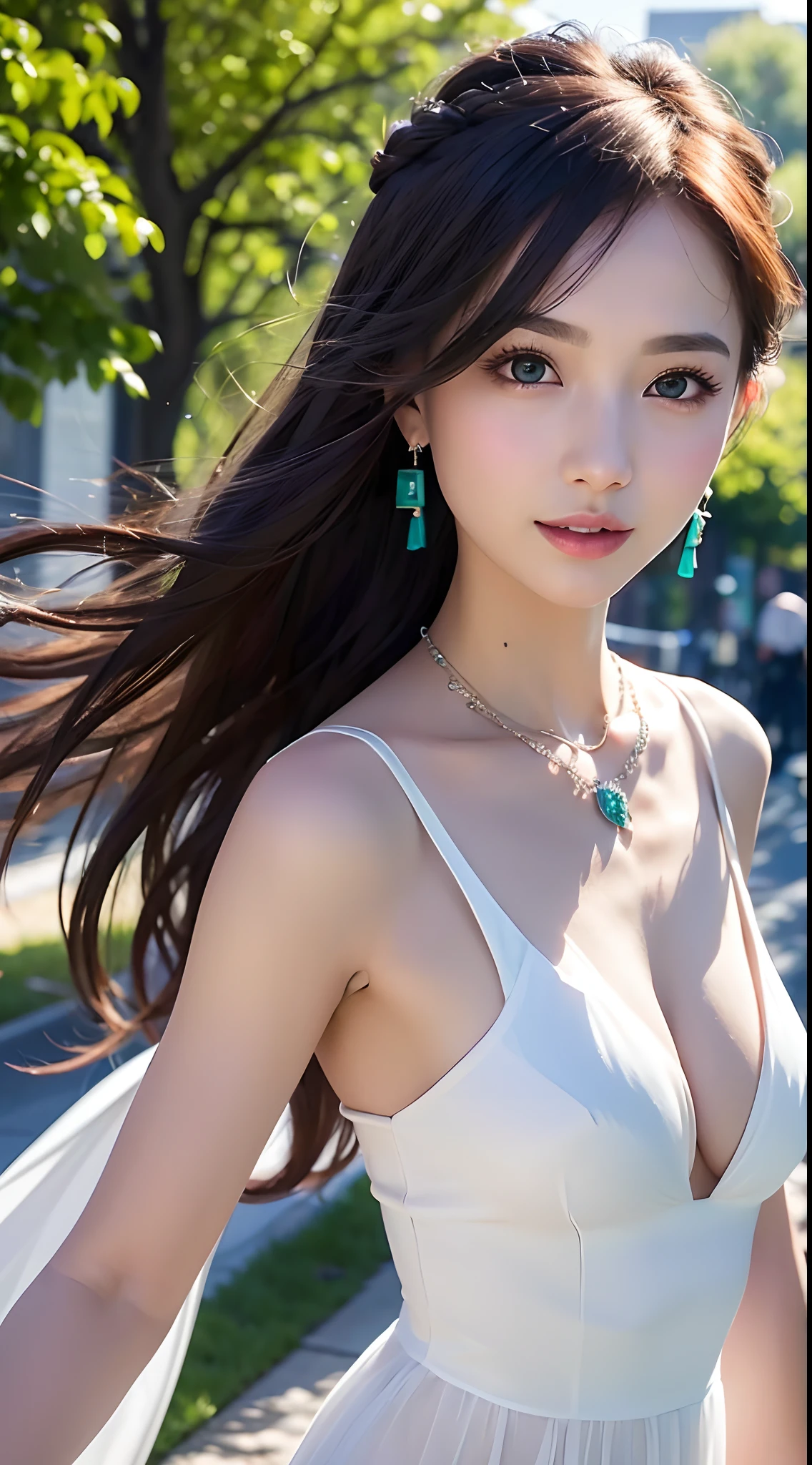 Turbulent posture、(extremely delicate and beautiful work)、(masterpiece)、1girl in、Girl in long white dress with sheer skin、high-detail、Ridiculous、Charming look、Beautiful clear eyes、Green eyes、Brown hair、delicate necklaces、Delicate earrings、Simple background blur、Ultra-fine depiction、Beautiful fece、enticing、Ultra-fine painting、delicated face、Delicate figure、thin clavicle、Lovely lips、Beautiful Large Breasts、Soft back、mix4、(8K、Raw photography、top-quality) 、masterpiece:1.2)、(realisitic、Photorealsitic:1.37)、女の子1人、Viewer's Perspective、cute little、Preface、!A city scape、natta、Professional Lighting、Photon mapping、Radio City、Physically Based Rendering、smil