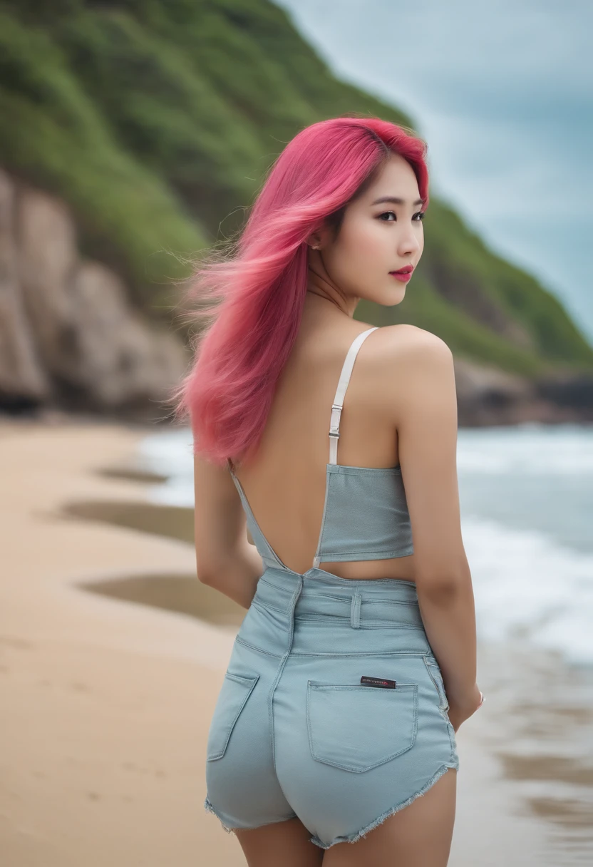 A Asian pinkhair girl with beautiful shape of rounded hips and a perfect back at the beach dont looks at the camera, hiperealistic