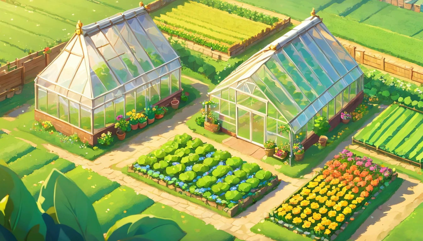 (Top-down close-up of modern agricultural white vaulted roof greenhouse top-down，Close-up of Chinese farmland panorama，There are some stumps in the shed，Fantastic Chinese countryside field)，Modern vegetable greenhouse, The farmland is beautifully rendered，rural landscape，It is vividly depicted in the work (Best quality, 8K, Advanced resolution, Masterpiece: 1.2), Has flattened details (1.4x realism, style cartoon: 1.37). The fields are made up of bright colors，bathed in the warm glow of the sun, Create a cheerful and whimsical atmosphere. Flat greenhouse design, Features cartoon design and unique architecture, 。 (The crops are surrounded by lush greenery and green crops), Elevate a captivating and magical environment。 The artwork showcases an illustrative style, Inspired by children's book illustrations, Ensures a glamorous and nostalgic touch. The color palette consists of bright rainbow colors, Green predominantly，Evoke feelings of joy and playfulness. Lighting accentuates the picturesque scene, Create soft and warm shadows，Add depth and warmth to the artwork. Every detail is impeccablely presented, creating a visually stunning masterpiece，Capture the essence of modern vegetable greenhouse cultivation.
