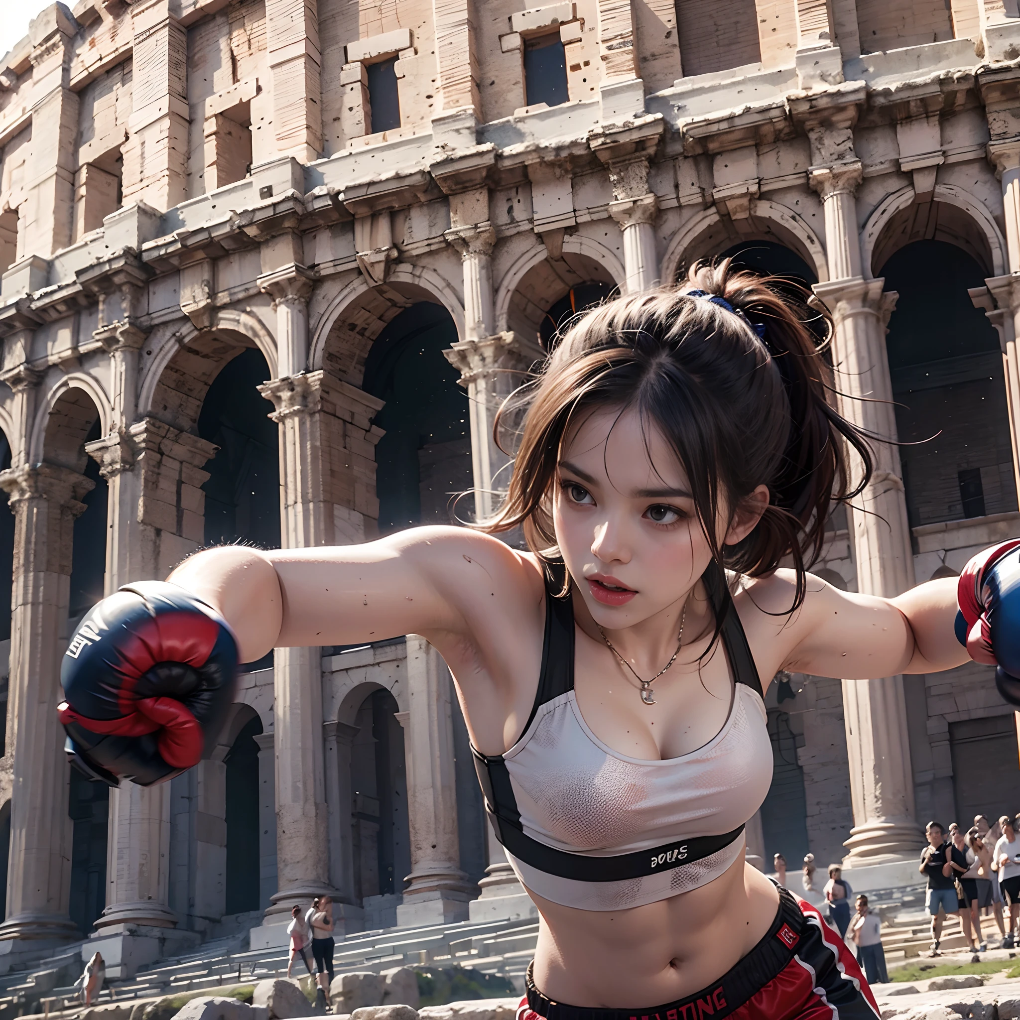 **render**: Boxing Girls, Rendered in highly detailed 4K, Get caught in intense moments at the Greek Colosseum. When she swings her fist, The luster of her skin and her detailed features stand out. The background is vibrant with strong sunlight, Showcase a Colosseum packed with spectators.