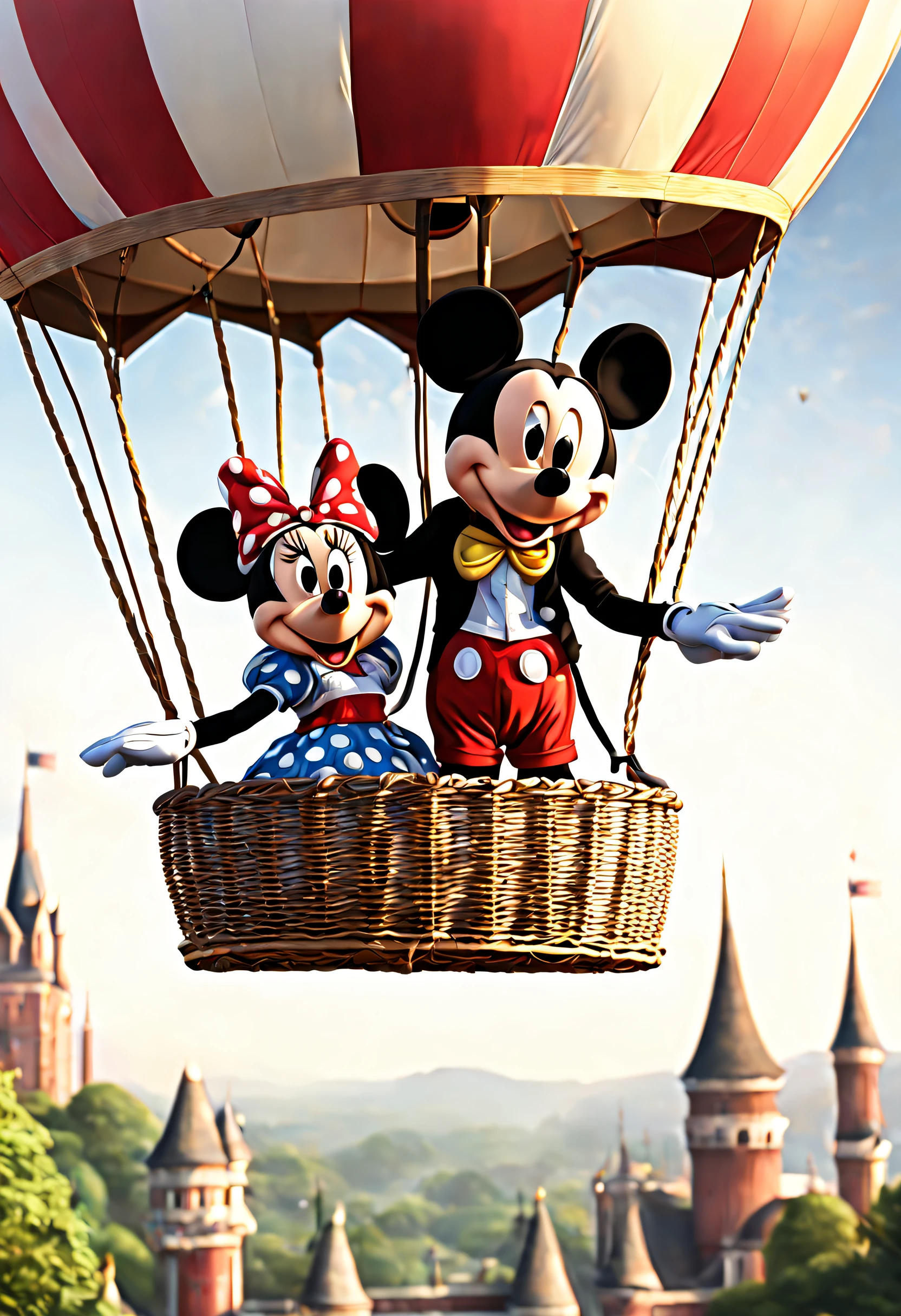 (best quality, 4k, 8k, high resolution, masterpiece: 1.2), ultra detailed, (realistic, photorealistic, photorealistic: 1.37),(mickey and minnie mouse in a hot air balloon: 1.32), high resolution, image taken from an animated film, intricate details, magical lighting