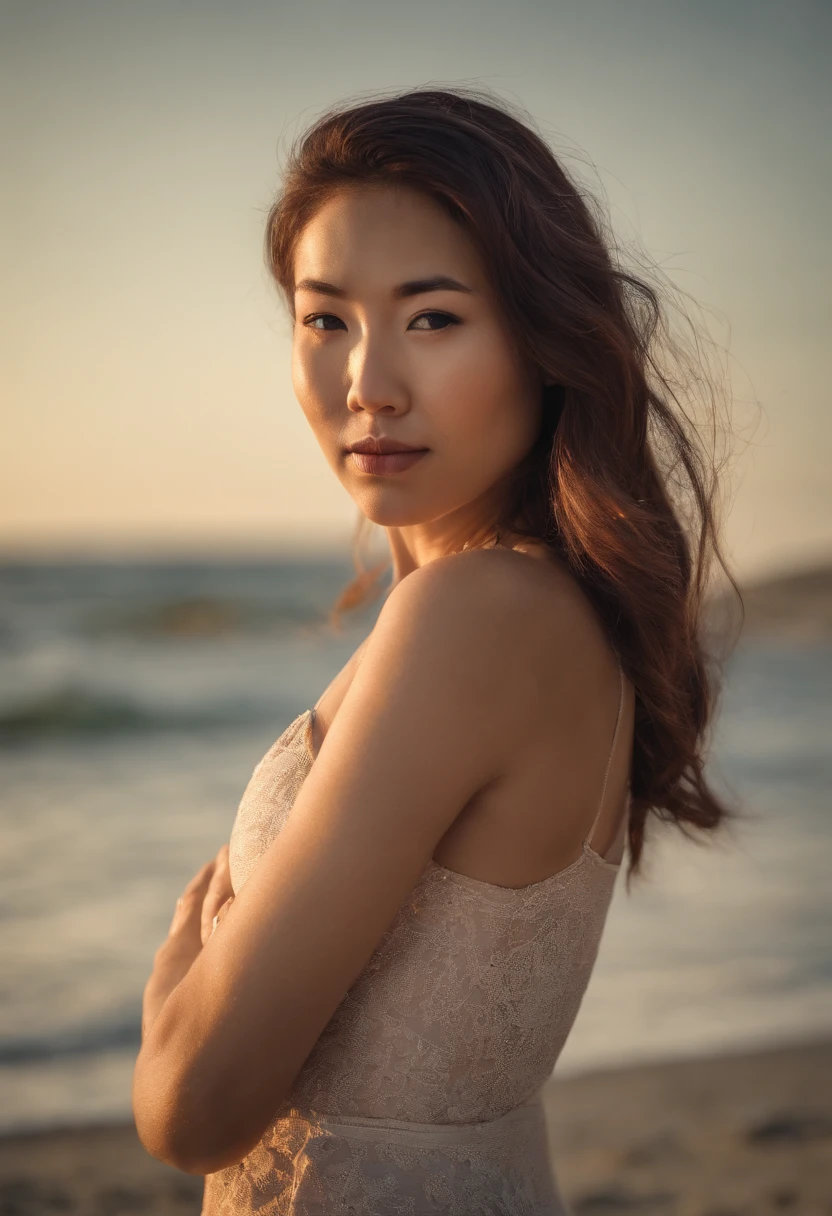 A Asian pinkhair girl with beautiful shape of rounded hips and a perfect back at the beach dont looks at the camera, hiperealistic