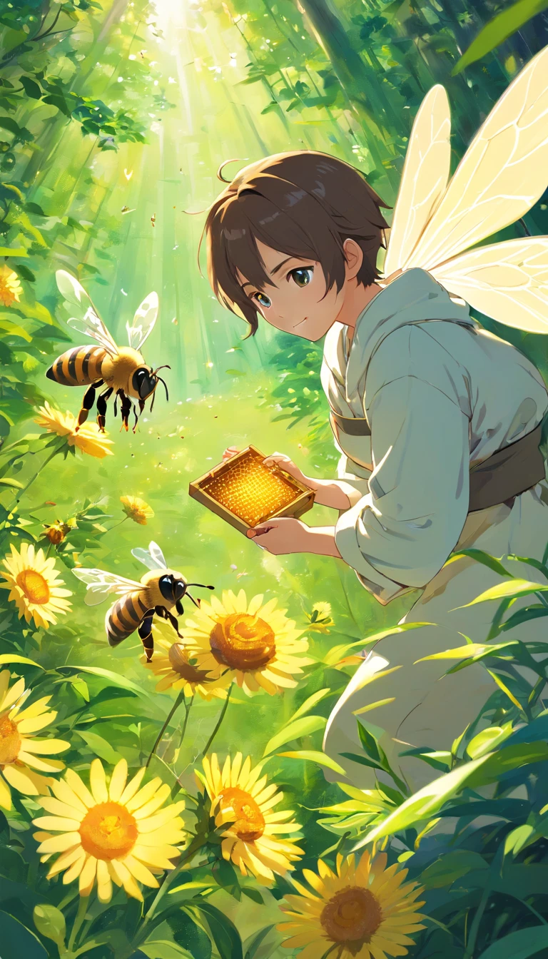 (Best quality,highr:1.2),Fotorrealista,anime big breast,beekeeper,Young men,White protective clothing,honeybee,honeycomb,(The low boy holds a small bee)Raising bees in the forest,rays of sunshine,The joy of harvest