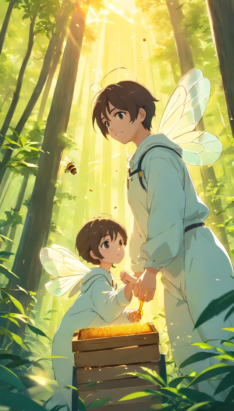 (Best quality,highr:1.2),Fotorrealista,anime big breast,beekeeper,Young men,White protective clothing,honeybee,honeycomb,(The low boy holds a small bee)Raising bees in the forest,rays of sunshine,The joy of harvest