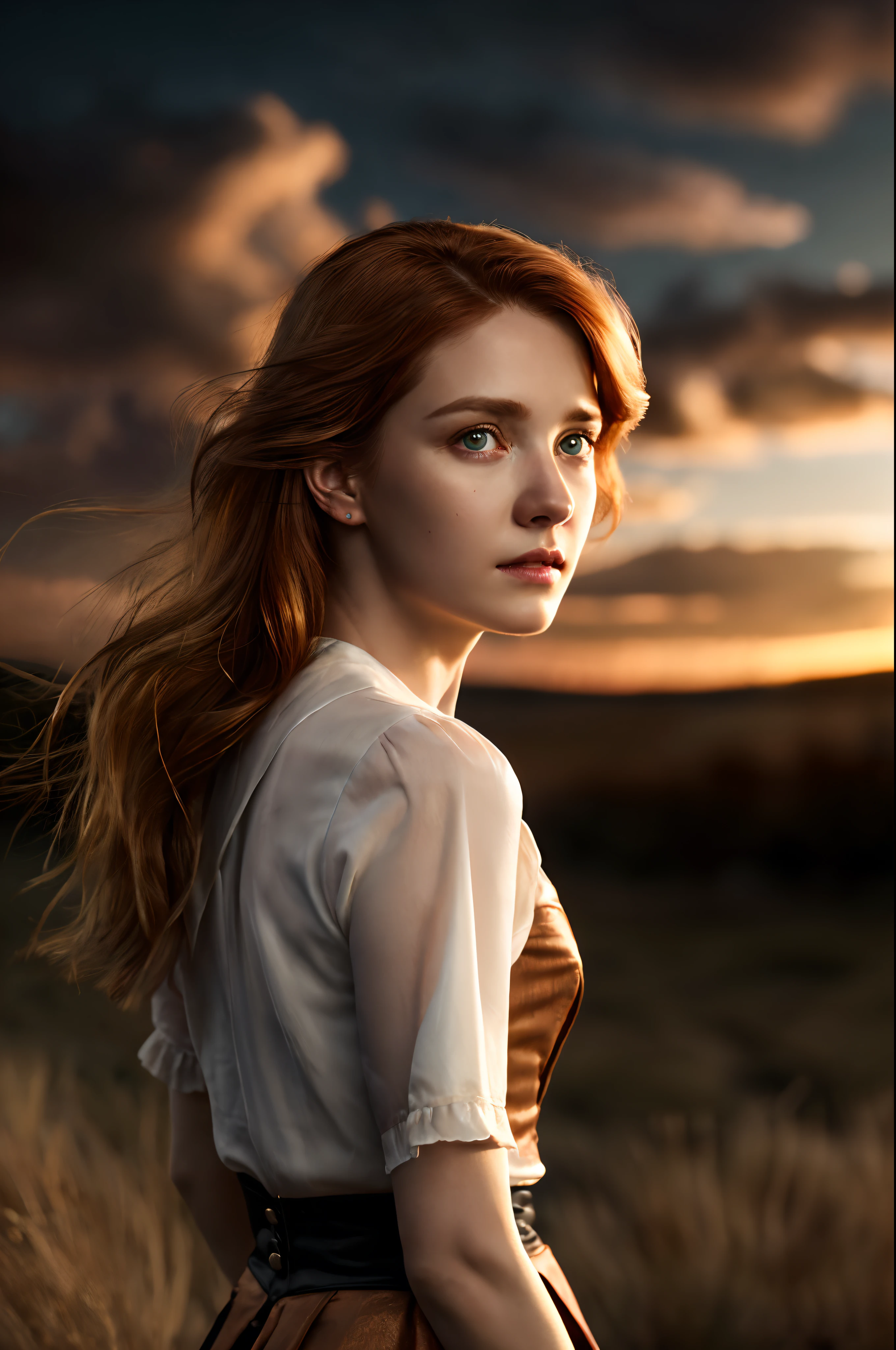 masterpiece, realistic, Photorealistic, ultra detailed, 8K, Raw photo, Realistic light, Cinematic composition, skyscape with clouds,  nightfall, depth of field, 35 mm, soft steampunk aesthetic, Steampunk Time Voyager, full length portrait,  short windblown skirt, Watercolor, wash technique, smudge outline, like a fairy tale, cute sexy, pleasure, depth of field, (Focus: 1.2), dark atmosphere, cinematic lighting, detailed face and skin texture, fine eyes, copper hair colour, action movie style, faded colours