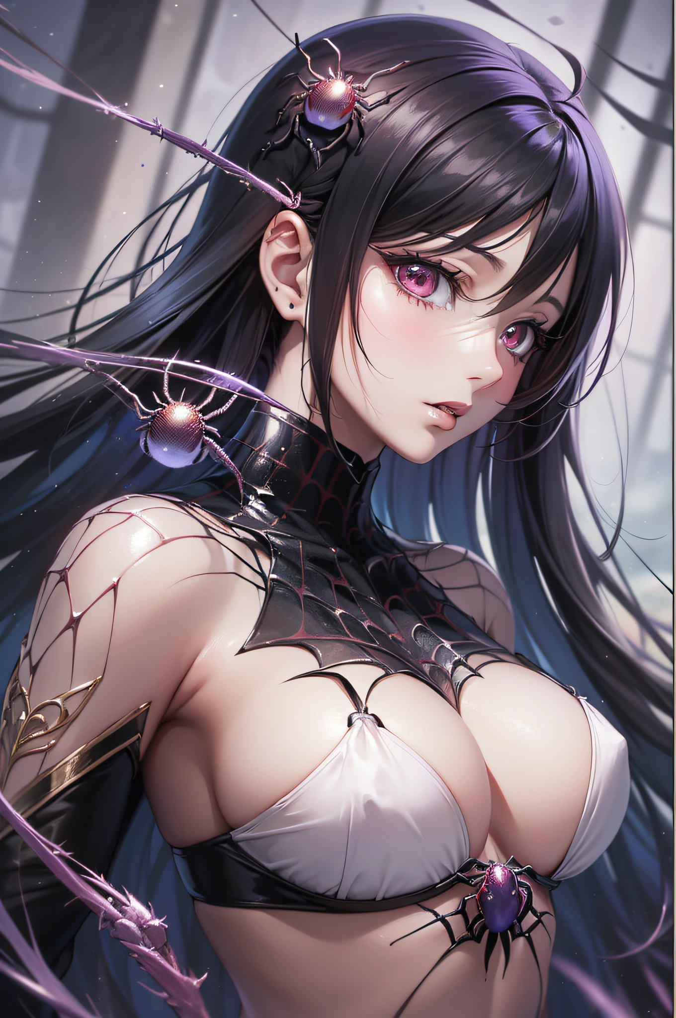 ((Finest quality)),(超A high resolution),(ultra-detailliert),((Best Anime)),sharpnes,Clear,Fantasy art with astounding depictions,high-angle:1.5, ((Woman fused with a spider))