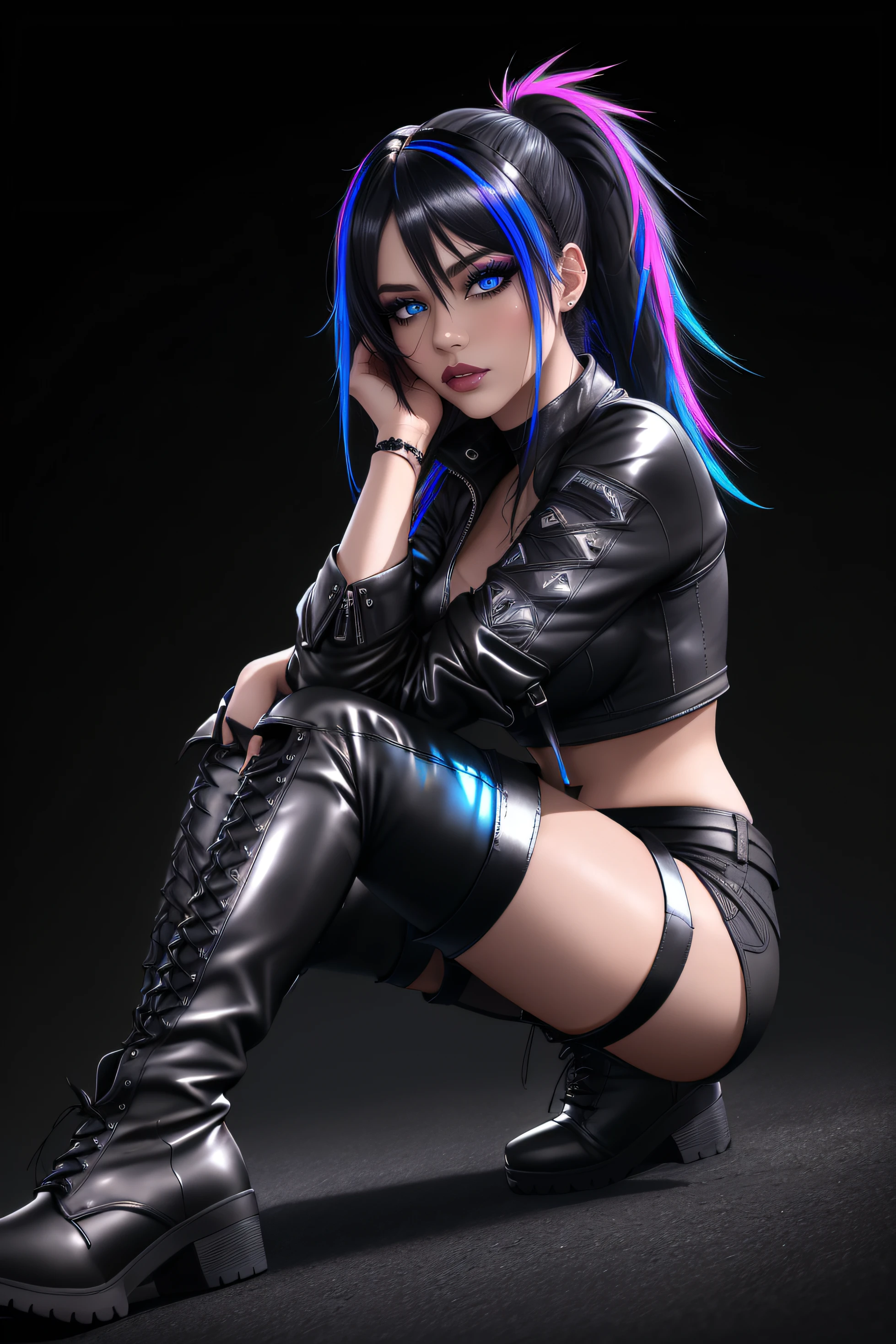 beautiful girl, full body, short bright blue neon streaked dishevelled hair, ((large light realistic detailed eyes:1.3)), ((seductive pose:0.5)), black eyeshadow, (street style wear:1.2), ((tight fitted short pants)), ((thigh high leather boots:1.3)), (dark city night black background:1.4), dark makeup, digital art, trending on artstation, highly detailed, fine detail, intricate, beautiful detailed glow, detailed, Cinematic light, high-res, detailed facial features, sharp focus, smooth, aesthetic,