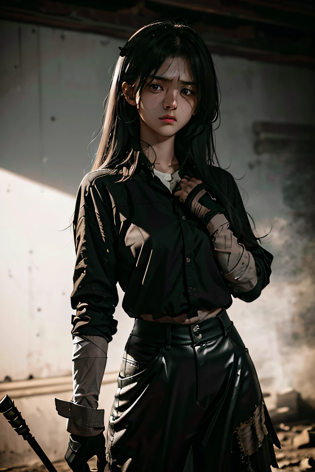 In the aftermath of relentless warfare, a 23-year-old female Eren Yeager bears the heavy burden of the battles she's witnessed. Her weary eyes betray the mental exhaustion she carries, a stark contrast to her youthful age.
Dressed in a military-style skirt and shirt, both in a somber dust color, she blends in with the grim environment she's been a part of. Her attire reflects the resilience and toughness she's acquired through years of conflict and sacrifice.
She stands as a living testament to the trials of war, a complex character whose experiences have etched themselves deeply into her psyche. The weight of her decisions and actions weighs heavily on her, making her a symbol of the enduring consequences of the battles she's fought in the name of her beliefs.