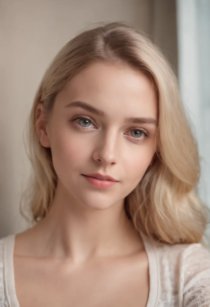 blonde girl looking directly into camera photorealism realistic real lifelike topless