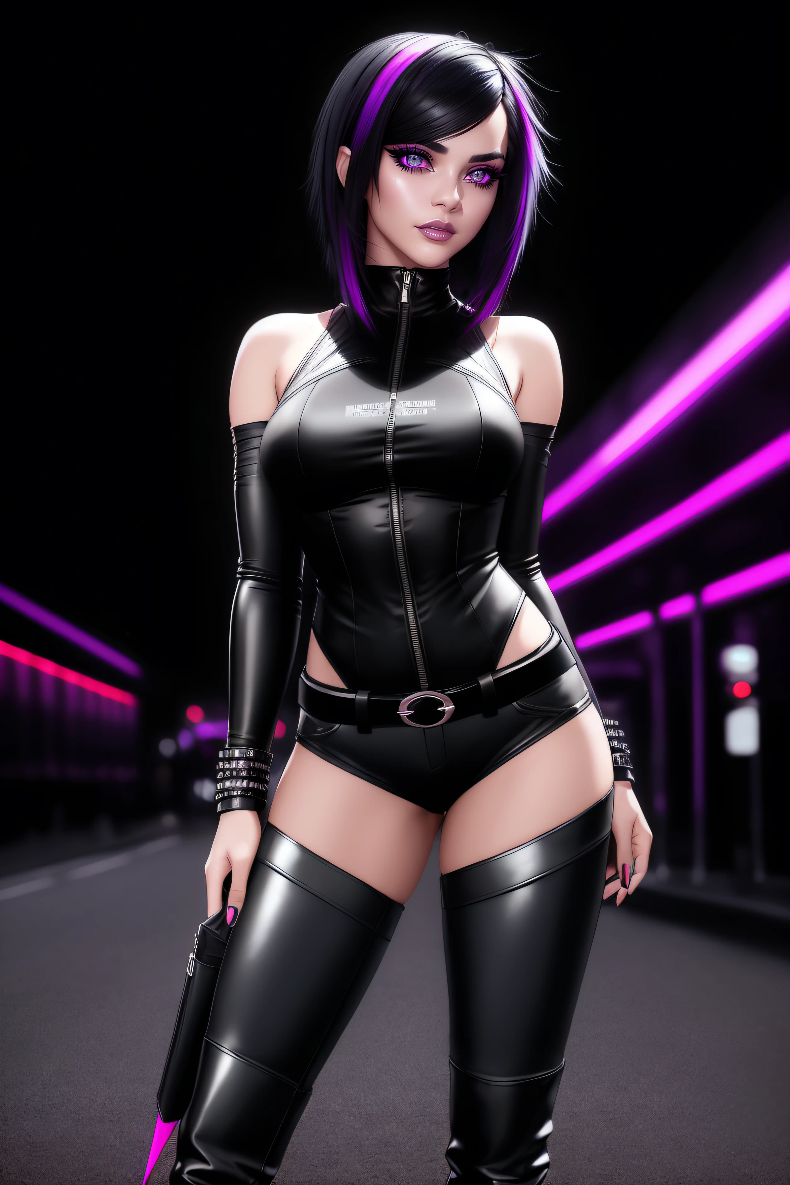 beautiful girl, ((standing:1.4)), (confident gaze:1.1), full body, short bright neon streaked black hair, ((realistic highly detailed eyes:1.4)), ((seductive pose:1.2)), black eyeshadow, (street style wear:1.2), ((tight fitted skirt)), ((knee high leather boots)), (dark city night black background:1.4), dark makeup, digital art, trending on artstation, highly detailed, fine detail, intricate, detailed facial features, sharp focus, smooth, aesthetic,