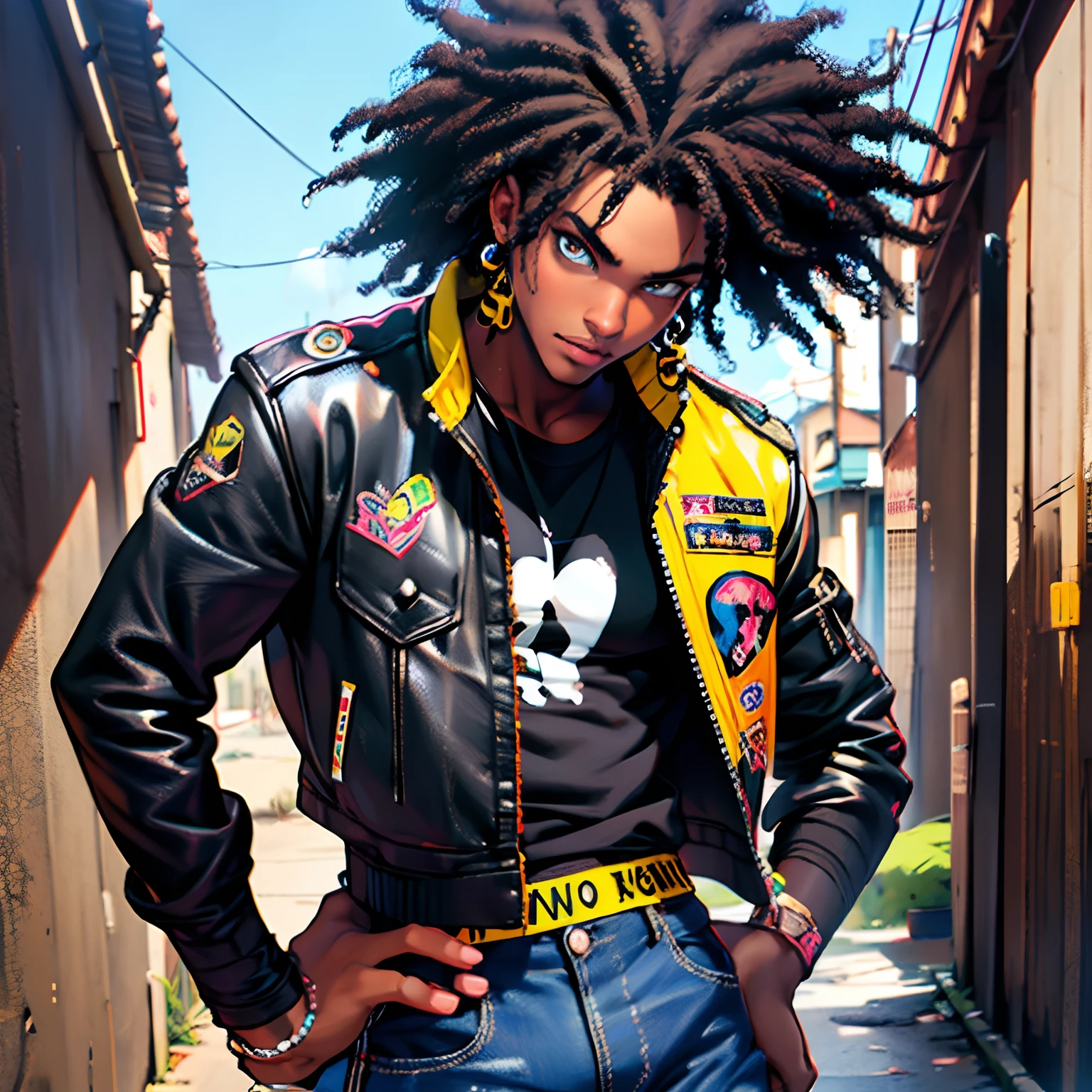 garoto punk rock sexy, afro preto, africano camiseta rasgada sob jaqueta Cabello cor Arco Iris, olhos amarelos, pele escura, usando um capuz, Graphic design jacket and ripped skinny jeans, Obra-prima perfeita, alta qualidade, high resolution