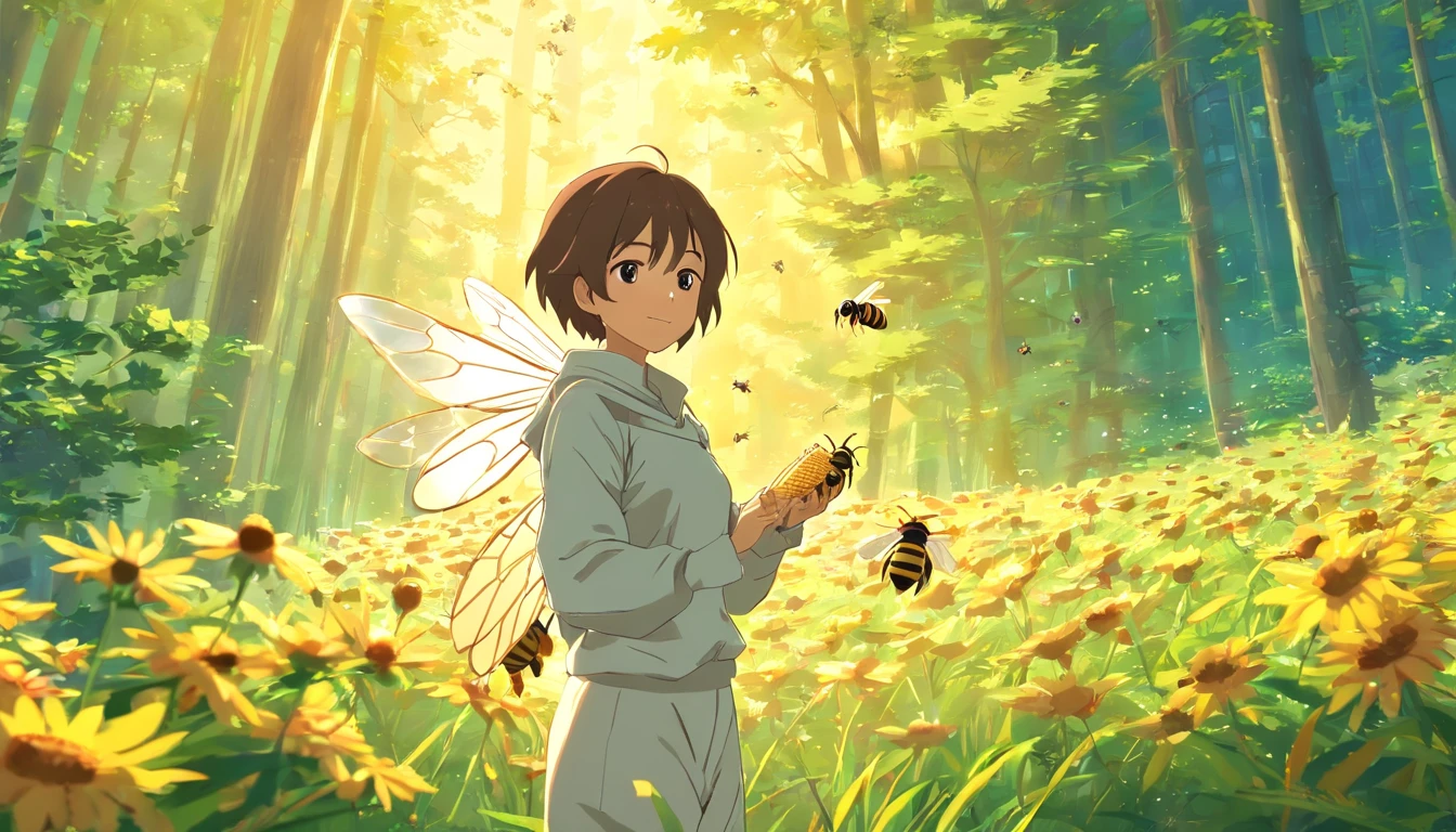 (Best quality,highr:1.2),Fotorrealista,anime big breast,beekeeper,Young men,White protective clothing,honeybee,honeycomb,(The low boy holds a small bee)Raising bees in the forest,rays of sunshine,The joy of harvest