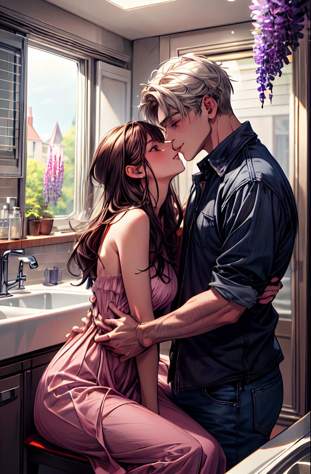 ((absurderes, highers, Ultra HD)) 1 male, 1 female,Mature, Kissing each other, Girl sitting at the sink, The man is slightly bent in front of her, Man is shirtless, Wearing blue jeans ,Woman in beautiful pink dress, Wisteria flowers around them, Beautiful, scenary, romantic,((Gentle and romantic expression:1.2)) ,pixiv, Digital Painting, Masculine Man, Beautiful elegant woman, (Gray stylish hair for men), (Brown long hair for women)