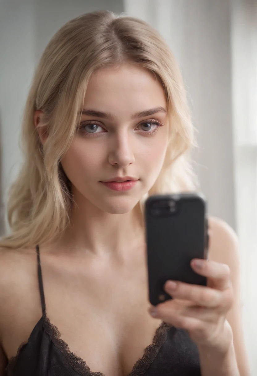 (best quality,realistic:1.37),portrait,"blonde girl" taking selfie, front of a mirror, phone front of face, big tits, no makeup, , messy room, black top