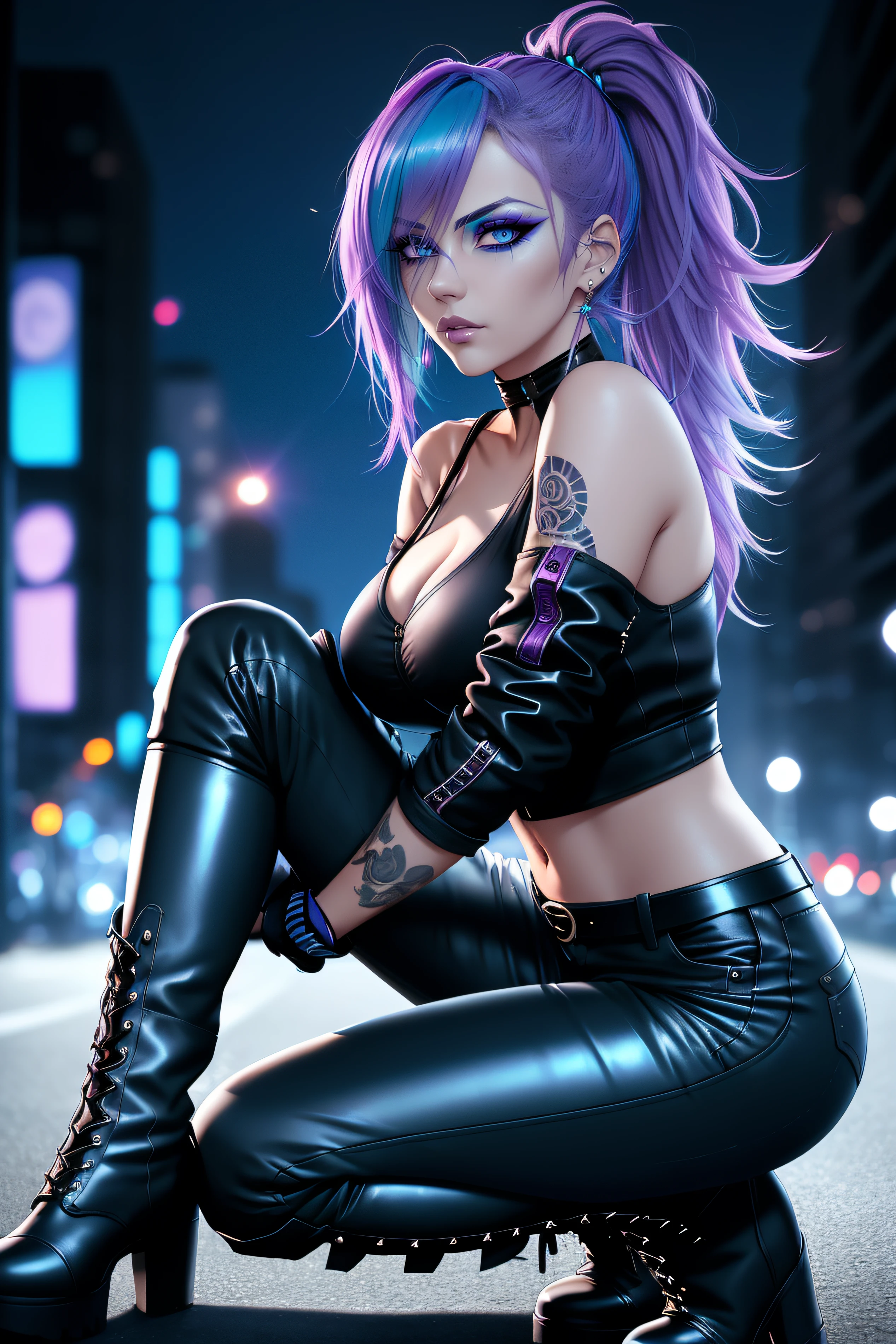beautiful girl, full body, short bright cyan and purple streaked dishevelled hair, large blue piercing eyes, black eyeshadow, (street style wear:1.2), ((tight fitted pants)), ((knee high leather boots)), (city night background:1.2), dark makeup, digital art, trending on artstation, highly detailed, fine detail, intricate, beautiful detailed glow, detailed, Cinematic light, high-res, detailed facial features, sharp focus, smooth, aesthetic,