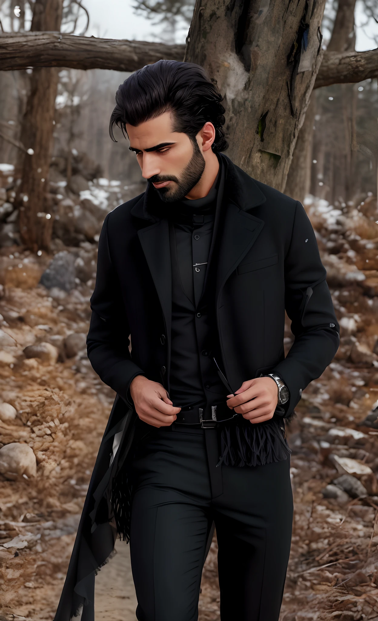 araffe man in black jacket and scarf standing hotel, rugged black clothes, black scarf, by Romain brook, handsome man, wearing fluffy black scarf, wearing black overcoat, mohamed chahin style, intense details, photoshoot, by Etienne Delessert, jet black tuffe coat, sayem reza, a handsome, mohamed chahin, menacing look,Ultra-realistic, 8k, professional photo,Masterpiece, (lighting), (1solo), beach background, realistic background, realistic photo, awesome suroundings