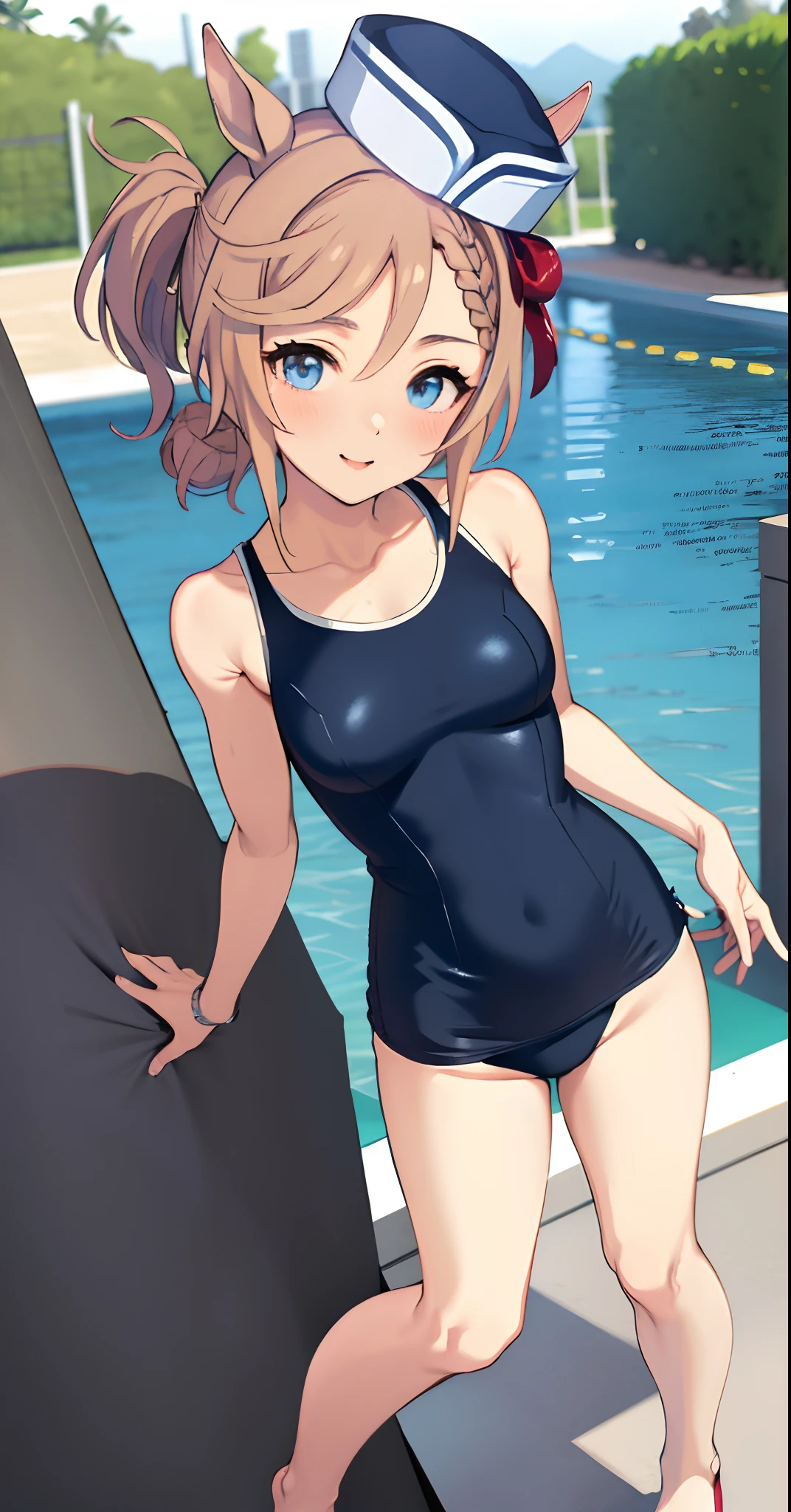 (best quality),(masterpiece),(perfect anatomy:1.2), high res,original, beautiful detailed eyes,ultra-detailed, 1girl, solo, venus park \(umamusume\), hat, smile, looking at viewer, beautiful background, outdoor,anime colored,summer,(Old School Swimsuit),pool side,medium breast,beautifully skinny legs,barefoot,male_pov,ocean,face focus,standing,girlfriend