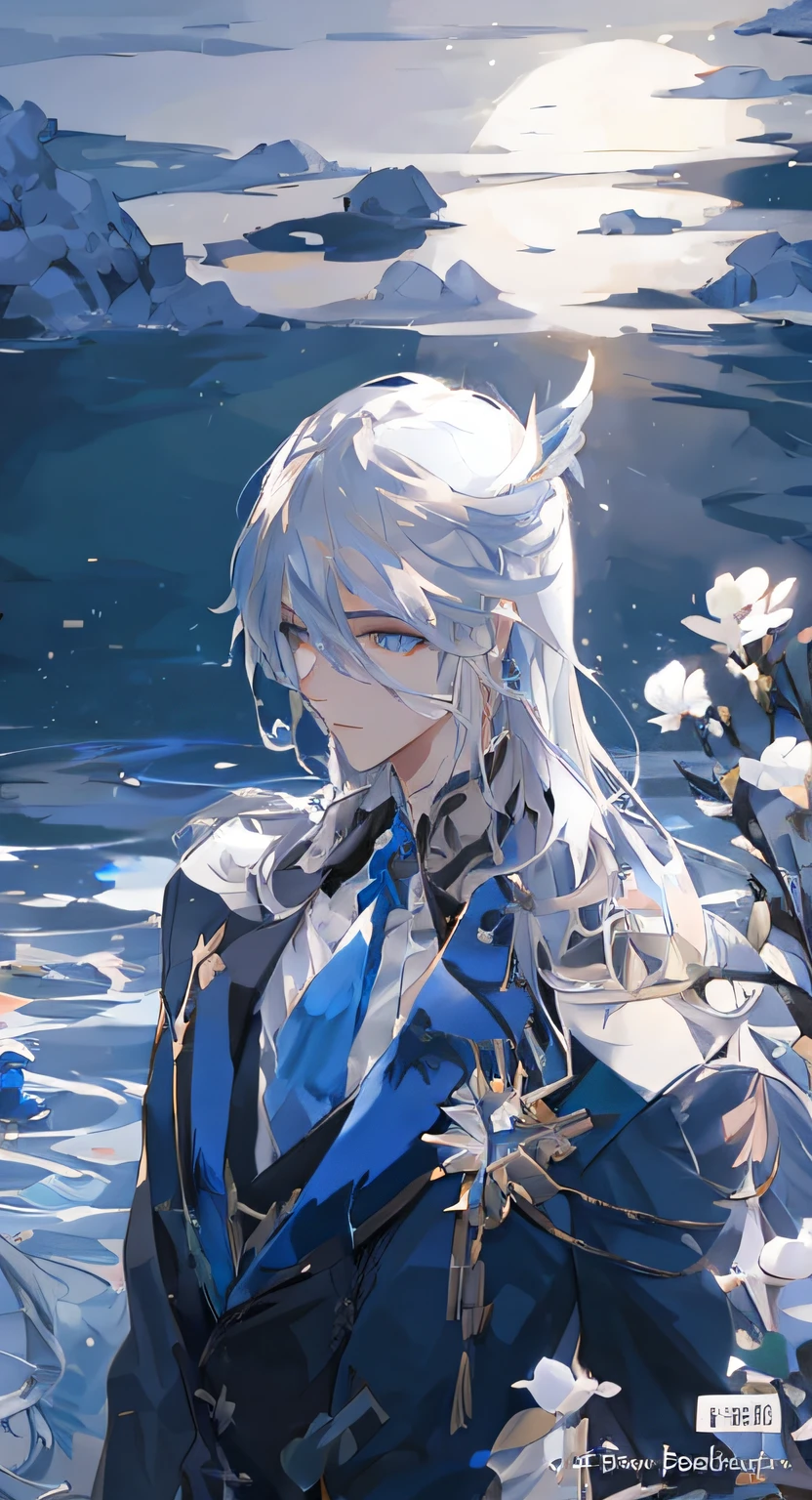 anime figure，Long white hair and blue eyes stand in front of the body of water, Beautiful androgynous prince, Delicate androgynous prince, Navillette from Genshin Impact, Handsome prince, Inspired by Bian Shoumin, white-haired god, heise jinyao, Inspired by Huang Shen, water dragon，Full body photo，Evil eyes