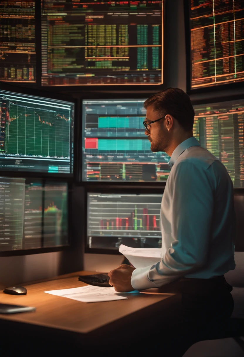 masterpiece, best illustration, solo, 1man, 40 year old man, little hair, standing, analyzing multiple screens,in a dark room, on screens being projected various financial analysis dashboard, \(\(intricate details\)\),\(\(best quality masterpiece\)\),4k, ultra detailed, detailed lighting, official art, promotional art