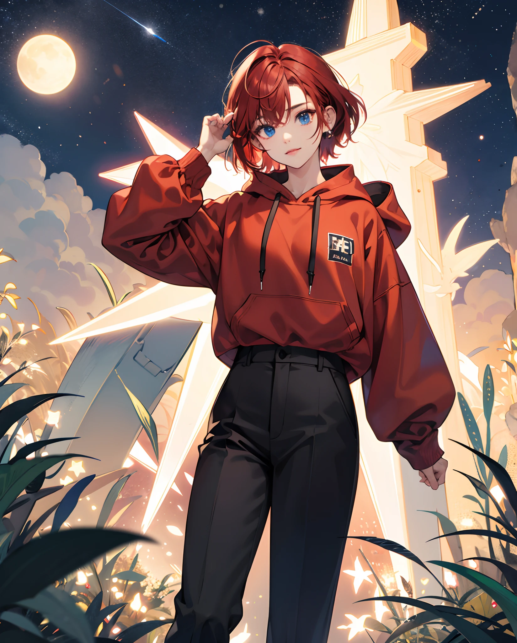 Teen girl body, Anime, short wolfcut red hair, blue eyes like starry night, oversized red hoodie, black slacks