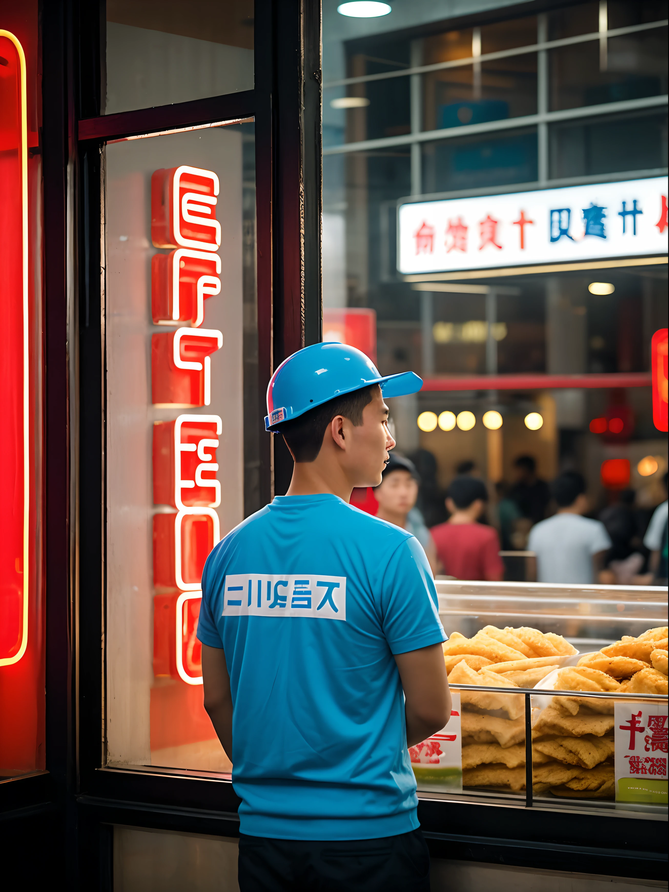 Chinese male delivery man street photography photo, Ele.me,Takeaway boxes,Young man wearing blue delivery boy helmet, Capture her reflection on the storefront outside a mall fast food restaurant, Upper body frame, On the modern streets of Changsha, Milk tea shop,Neon signs and shop signs, Shoot from a high angle, On the Sony A7111, with a (Bokeh effect:1.3),(In the style of Gary Vinograd:1.4)