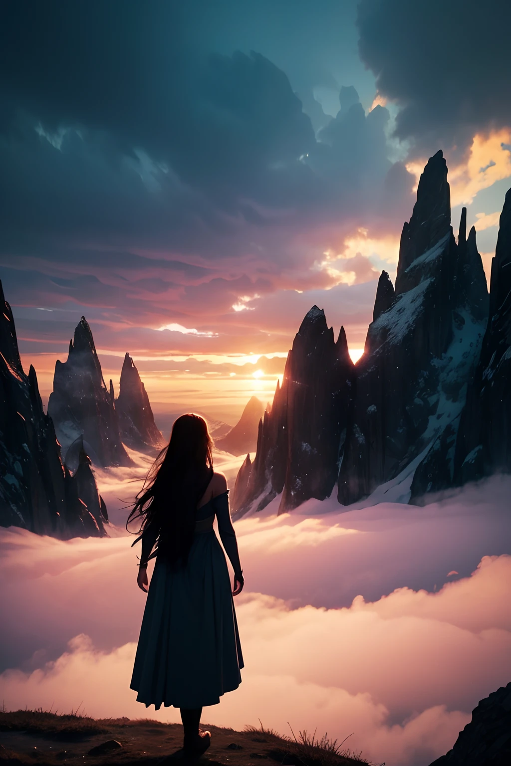 silhouette portrait of a woman, flowing hair, standing alone on a mountain, watching the sunset, taken from behind, mystical magical fantasy enchanted ethereal, cinematic shot, cinematic scene, stunning, breathtaking, a sense of magic in the air, magical fantasy, diffused lighting