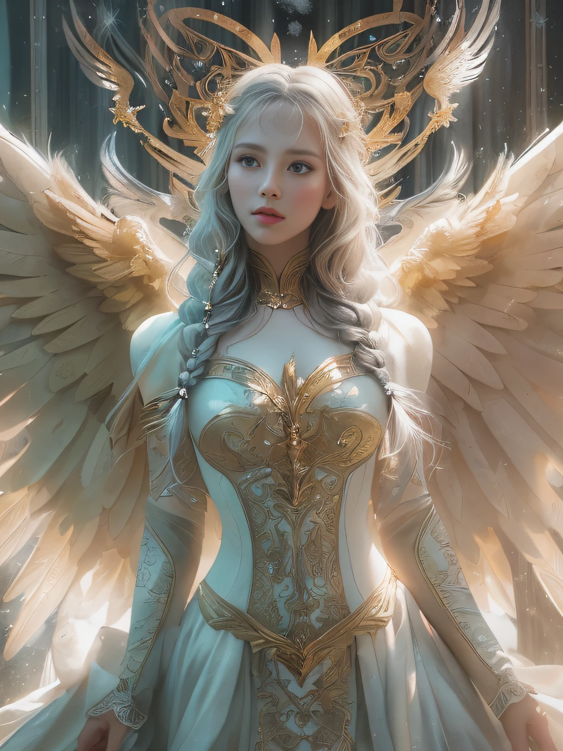 (masterpiece, best quality, photorealistic, highly detailed, octane render, unreal engine, 8k HD, hyper-detailed, realistic skin texture, best quality, ultra high res, raw photo, dramatic lighting, unreal engine, diffuse glow, dynamic pose), A female archangel with beautiful features would likely have striking, ethereal looks that would inspire awe and wonder in anyone who beheld her. She might have piercing blue or green eyes that seemed to glow with an inner light, framed by long lashes that brushed against her delicate cheekbones. Her skin might be porcelain pale, with a soft, rosy blush that highlighted her high cheekbones.
Her hair might be long and flowing, with strands of gold or silver that shimmered like starlight in the sun. It might be styled in intricate braids or loose waves that cascaded down her back, or perhaps pulled back into an elegant updo that showcased her graceful neck.
Her wings would be magnificent, with feathers as white as snow and shimmering with an otherworldly light. They might be large and imposing, giving her an aura of power and majesty, or perhaps delicate and intricate, reflecting her refined and elegant nature.
In short, a female archangel with beautiful features would be a vision of divine beauty, radiating grace, power, and wonder in all who beheld her