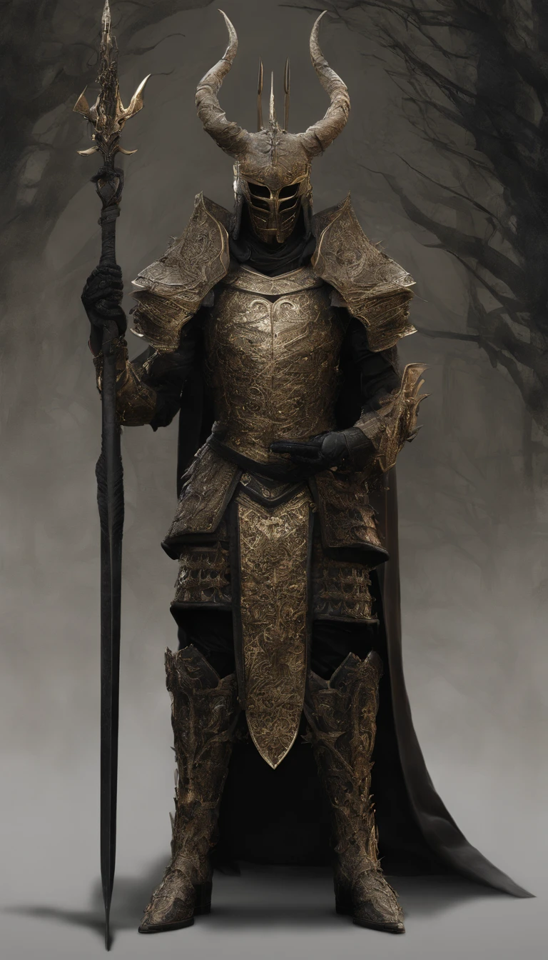warrior, concept-art, author：Kishiganku, Fantasy art, battleground background, clean render, a horned, Wear a suit of armor, Detailed bushido form smoke, helmet of a forgotten deity, character is standing, 8k Realistic, in game render, detailed face background detail, Art station front page, taur, Pseudo-medieval fantasy, A deity wearing koi armor, detailed bronze armor, Bronze armor, golden etched armor, gold obsidian armor, Light gold armor, Gorgeous filigree armor, A demonic warrior, Gorgeous armor full of thorns, Intricate assasin armor, Intricate metal armor, powerful warrior, Dressed in gorgeous gold armor，Decorated with intricate patterns, The helmet has a large crown and two horns,Glowing red eyes， Everything is in the dark, The smoky background alludes to battle scenes, Add an ominous aura to his character，submission, Full body shot.