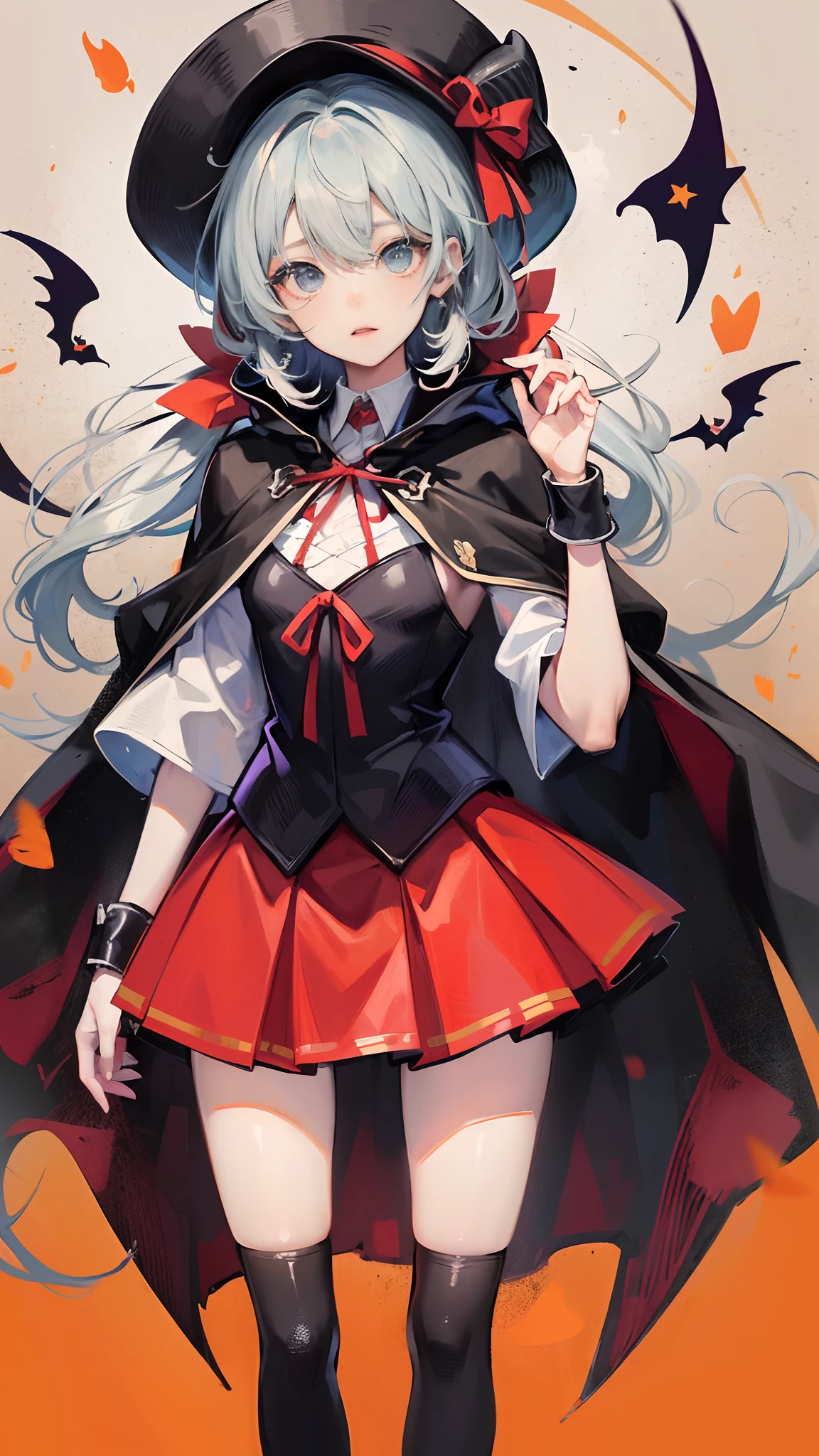 (masterpiece,masutepiece、Highest image quality)、Wizard anime girl standing on Halloween monochromatic street、cute face、clear eyes、Wearing a tricorn hat、The red ribbon on the chest has arrived.YThe shirt、Attaching a cloak、Wearing a black tight skirt、With a full body shot