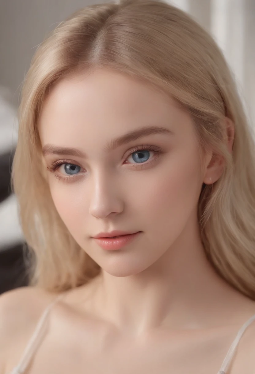 of a real,Perfect facial features,Realistic skin texture,Cute baby girl,,,Pout,Blue eyes,Long blonde hair,depth of fields,dynamic blur,high light,Real light,Ray traching,oc rendered,Hyper-realistic,best qualtiy,720p,Works of masters,super-fine,Detailed pubic hair,Correct anatomy,sharp focus on eyes,Bokeh,Facial features are carefully depicted sitting on the bed, sexy body, breast size medium to large, hot booty, blonde attractive , messy room