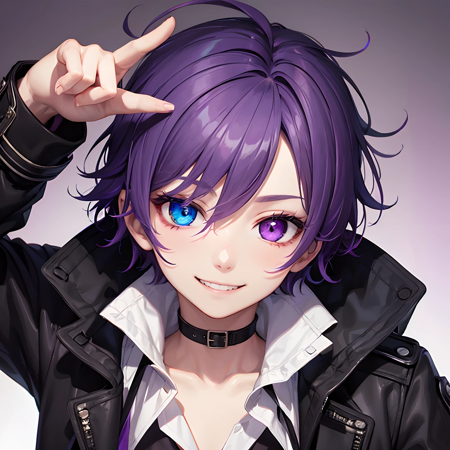 1 boy、Purple hair、Purple Eye、Maniac smile、Short messy hair、Portrait 、Heterochromia 、Hair covering the right eye、grinning evily、black trench coat、The shirt