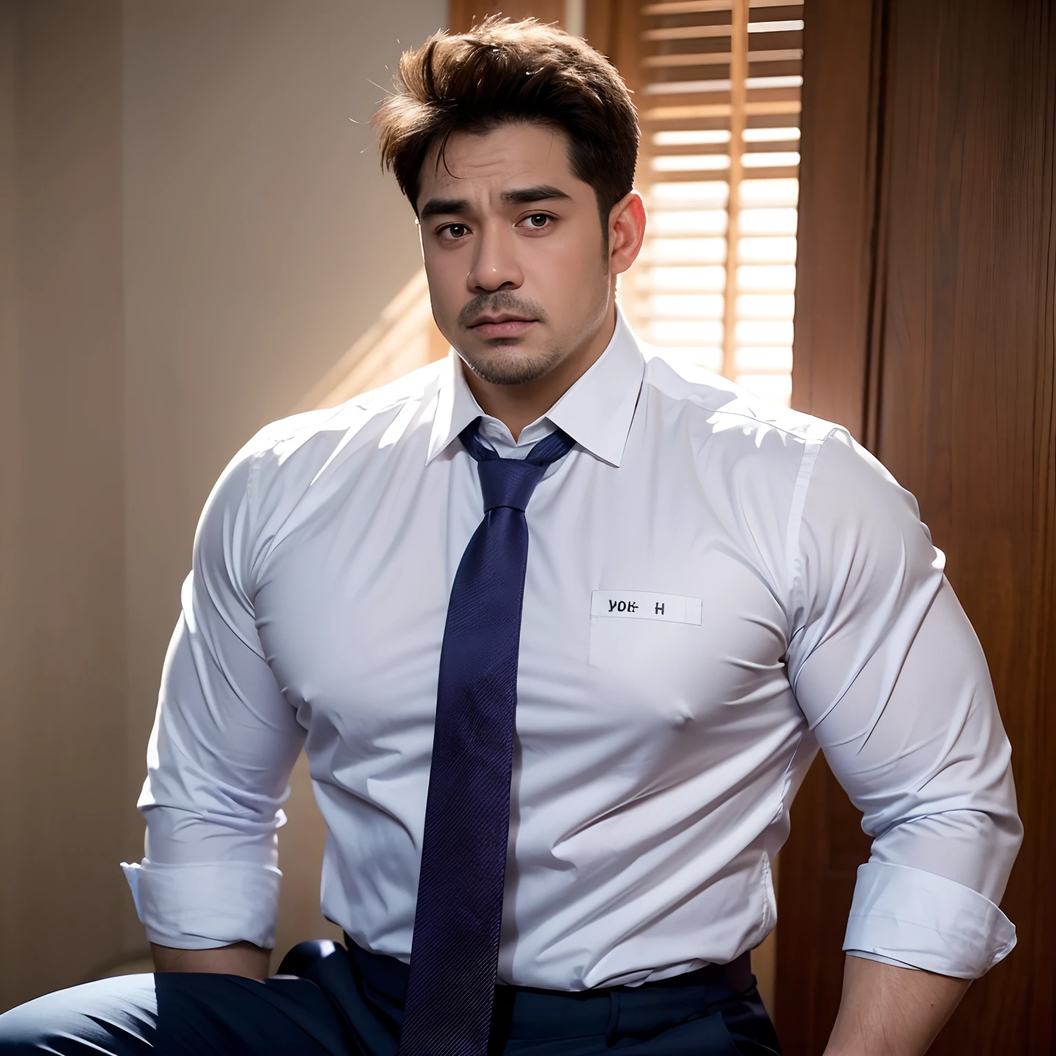 Hulk muscle male uncle,Slightly fat,short mustache,Thick eyebrows,brush cut,There are pectoral muscles,The upper half wears a purple-blue long-sleeved professional shirt,With a wide dark blue tie,The shirt neckline is open,Exposing the pectoral muscles,There are chest hairs on the pectoral muscles,Sit in the steaming room,The whole body is sweaty,The expression is shy