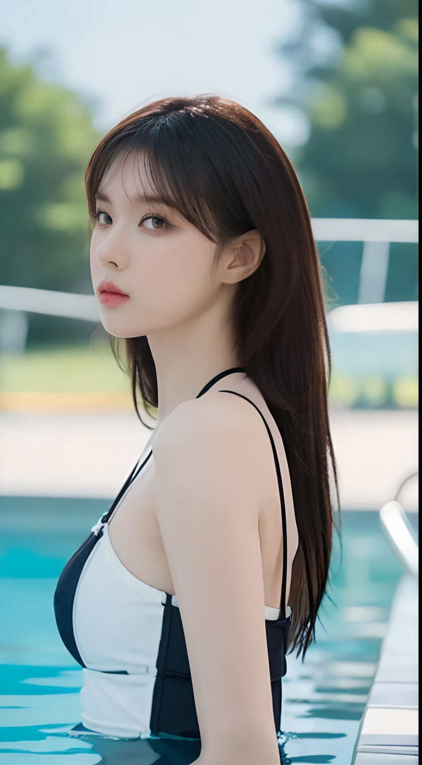 masutepiece, Best Quality, Illustration, Ultra-detailed, delicate detail, Hight Resolution, 8K wallpaper, Perfect dynamic composition, Beautiful detailed eyes, monokini,  Sexy Pose , ((An outdoor pool))
