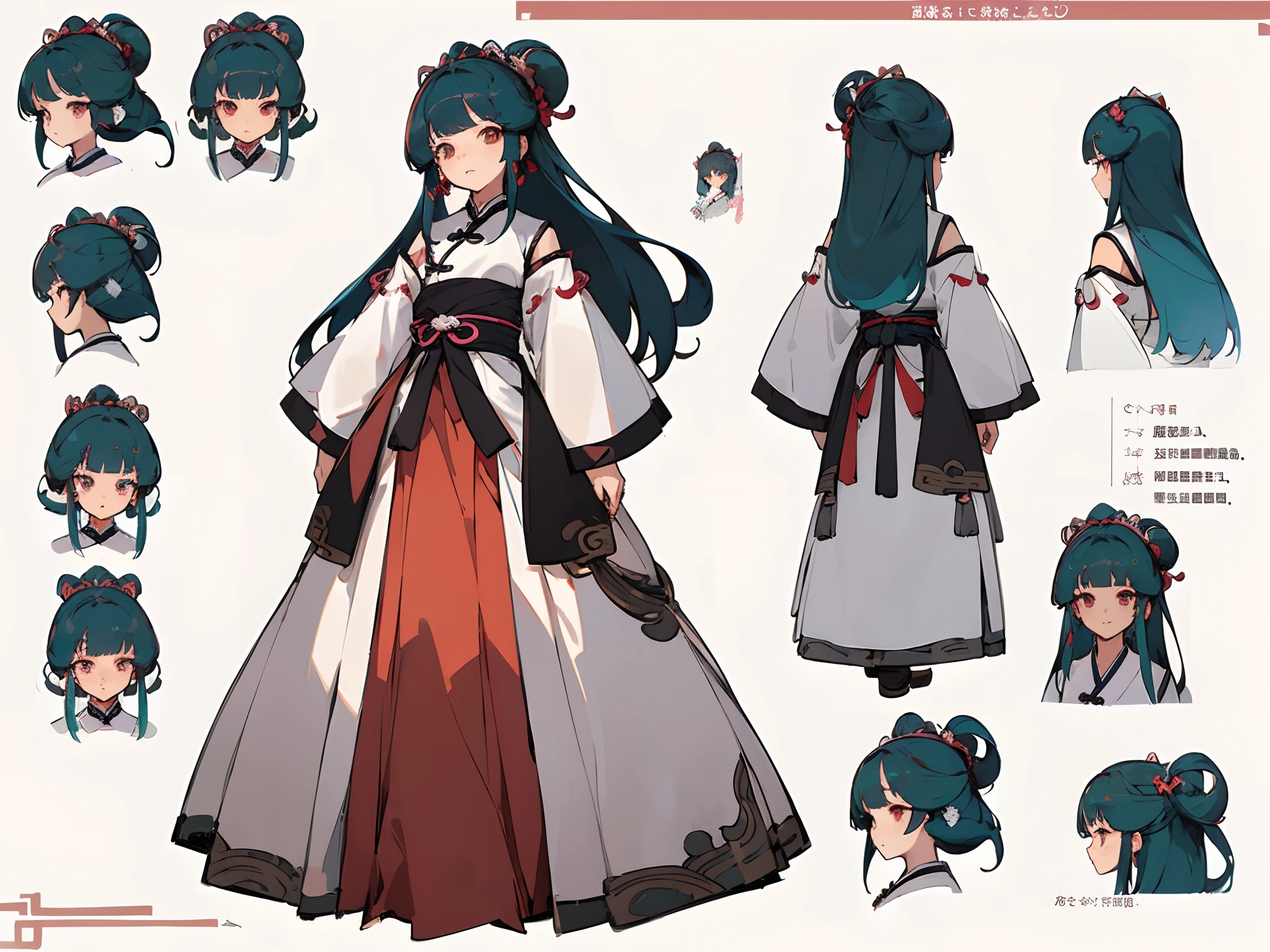 ((masterpiece)),(((best quality))),(character design sheet, same character, front, side, back), illustration, 1 girl, hair color, hairpin, bangs, hairstyle fax, eyes, environment Scene change, hairstyle fax, pose Zitai, female, ancient Chinese princess, charturnbetalora, (simple background, white background: 1.3)