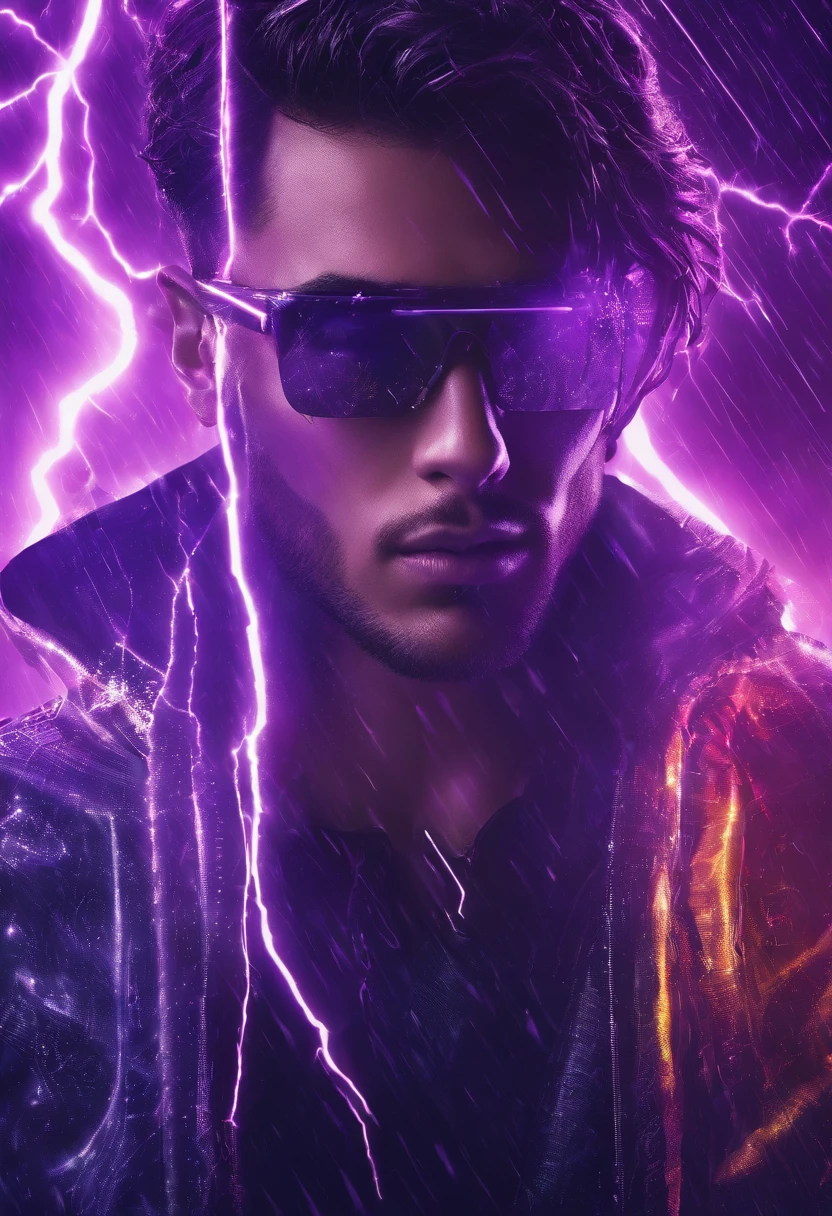 futuristic , dark sky, purple lighting, rain,lightning, hyper realistic, highly detailed,8k, young Man, beautiful eyes.