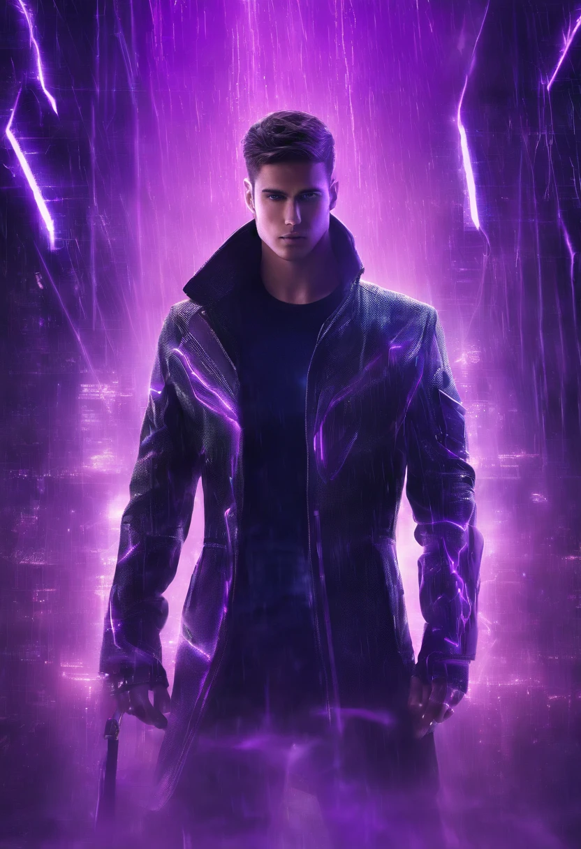 futuristic , dark sky, purple lighting, rain,lightning, hyper realistic, highly detailed,8k, young Man, beautiful eyes.