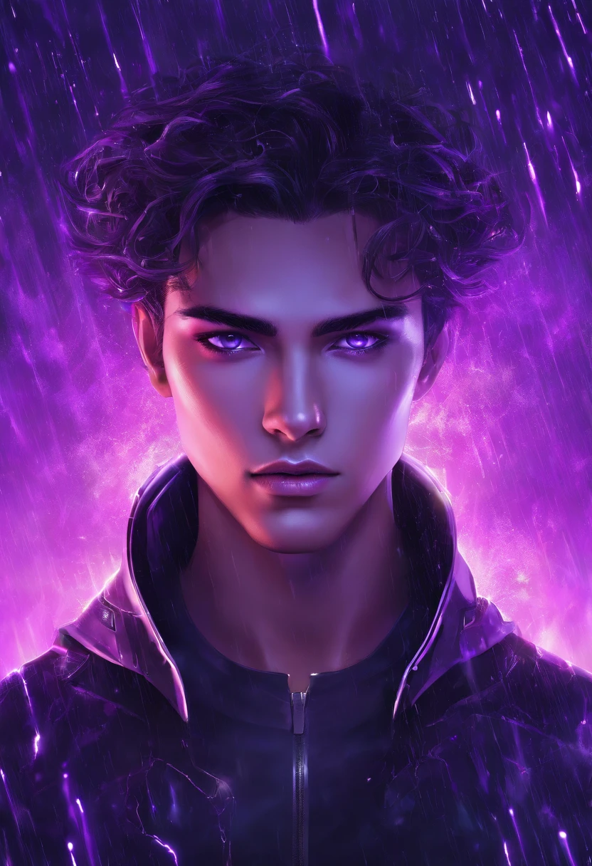 futuristic , dark sky, purple lighting, rain,lightning, hyper realistic, highly detailed,8k, young Man, beautiful eyes.