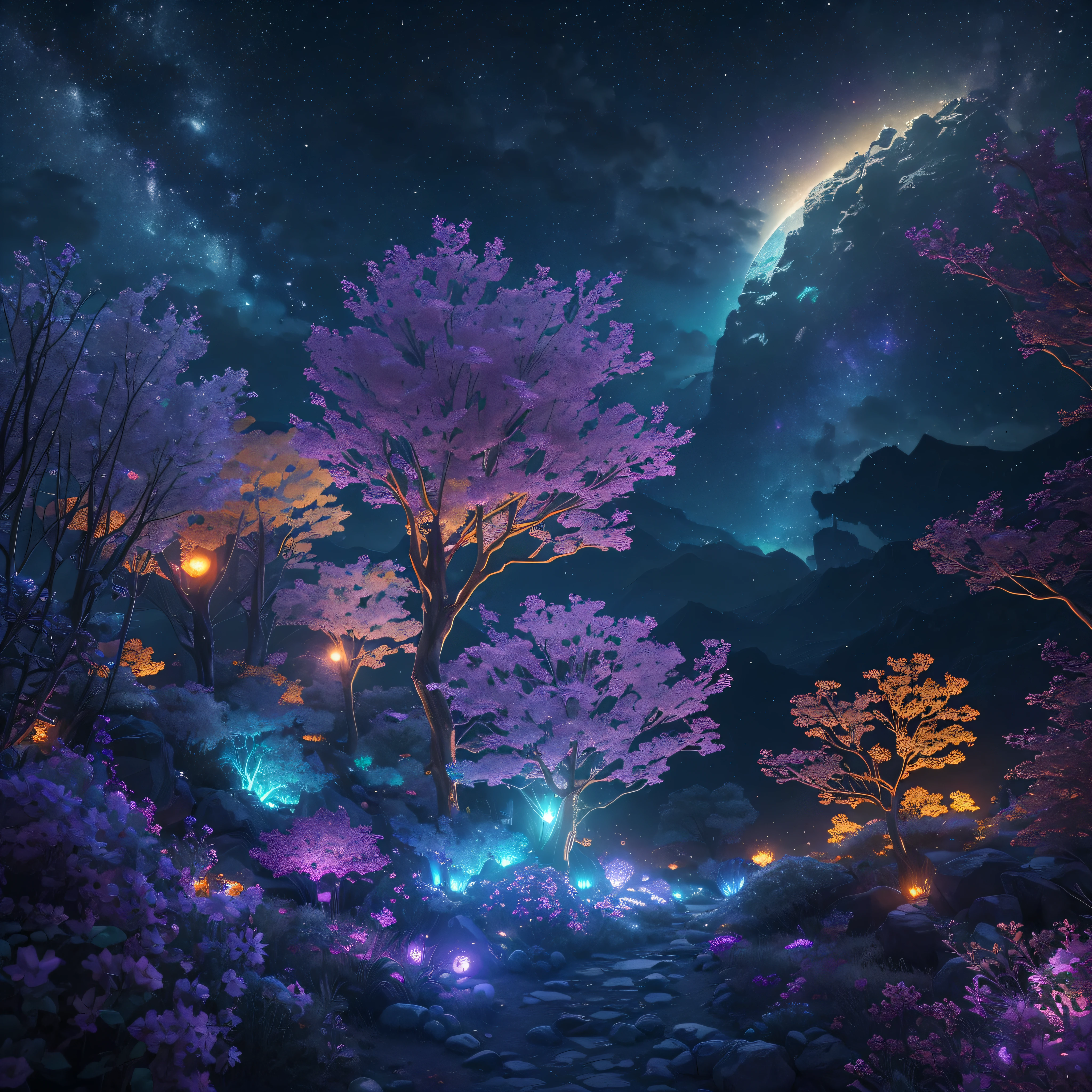 Sunrise landscape photos, (sky, plain, small plants), oddly shaped alien plants (best quality), 4k, ultra-detailed, (meteors: 0.9), (nebulae: 1.3), steep distant mountains, (high quality), Hideous trees (warm source: 1.2), (firefly: 1.2), lamps, lots of purple and orange and blue, intricate detail, volumetric lighting, (best quality), 4k, ultra-detailed, (dynamic composition: 1.4), very detailed, colorful details, (iridescent color: 1.2), (luminous lighting, atmospheric lighting), dreamy, magical, mysterious (solo: 1.2) --auto --s2