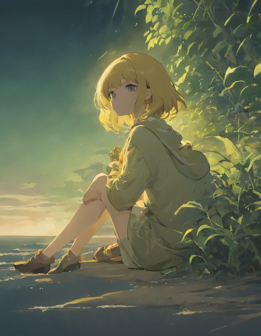 (masutepiece, Best Quality: 1.2), ultra-detailliert, Cinematic lighting, nffsw, Illustration, Landsapé, 1girl in, (Soft colors), Post-apocalyptic beaches, the night, Desolate atmosphere, Girl sitting on the sand, Covered vegetation, (Overcast sky), Waves crashing on the shore, (Melancholic but full of hope), A moment of quiet rest, (Detailed textures), windswept hair, Cloudy at night