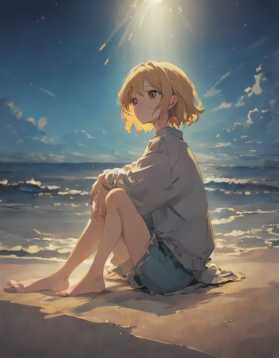 (masutepiece, Best Quality: 1.2), ultra-detailliert, Cinematic lighting, nffsw, Illustration, Landsapé, 1girl in, (Soft colors), Post-apocalyptic beaches, the night, Desolate atmosphere, Girl sitting on the sand, Covered vegetation, (Overcast sky), Waves crashing on the shore, (Melancholic but full of hope), A moment of quiet rest, (Detailed textures), windswept hair, Cloudy at night