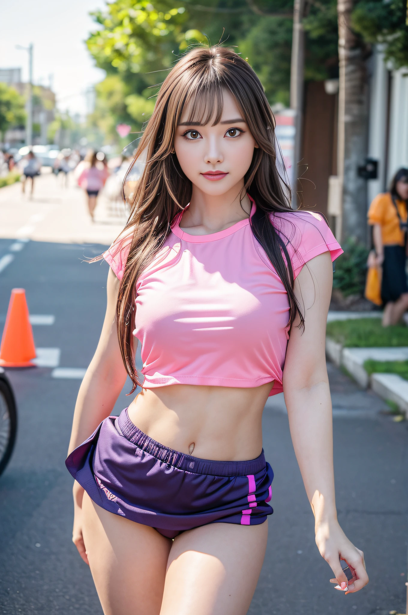 (of the highest quality),8K,(masutepiece:1.3),(1 girl:1.3),(medium breasts:1.3),Realistic,High resolution,Highly detailed face and skin texture,lifelike face,Original photo,((beautiful countenance:1.5)),(Beautiful woman:1.4),Perfect body proportions,Whiten skin,Shiny skin,((Ultra-detailed face)),Attention to detail,Double eyelids,Eyeshadow enhancement,Eye of Detail,Professional Lighting,Cinematic lighting,Focus Sharpening,((sporty style)),((light, Brightly colored clothing)),Brightly colored t-shirts,Short skirt,((Lively,Active,vivaciousness)),((Panties)),((Exposing thighs)),(Erotic:1.3),in a street