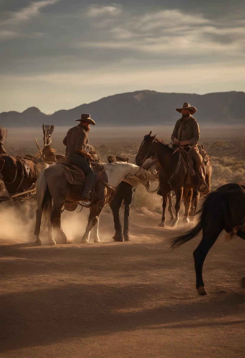 wild west, cowboys, dusty desert, horses running, gunfights, saloon, wanted posters, cowboy hats, cacti, tumbleweeds, old western towns, horseback riding, western clothing and attire, poker games, campfires, whiskey bottles, wooden barrels, lassos, sheriff badges, bandits, stagecoaches, gold mines, dusty roads, cowboy boots, spurs, cowboy belts, western music, sunsets, campfire cooking, dusty old books, ghost towns, ranches, duels, horse-drawn wagons, Native American tribes, rugged landscapes, revolver pistols, sheriff offices, chuckwagon meals, covered wagons, horse corrals, cowboy boots, rodeos. (best quality,4k,8k,highres,masterpiece:1.2),ultra-detailed,(realistic,photorealistic,photo-realistic:1.37),HDR,UHD,studio lighting,ultra-fine painting,sharp focus,physically-based rendering,extreme detail description,professional,vivid colors,bokeh,portraits,landscape.