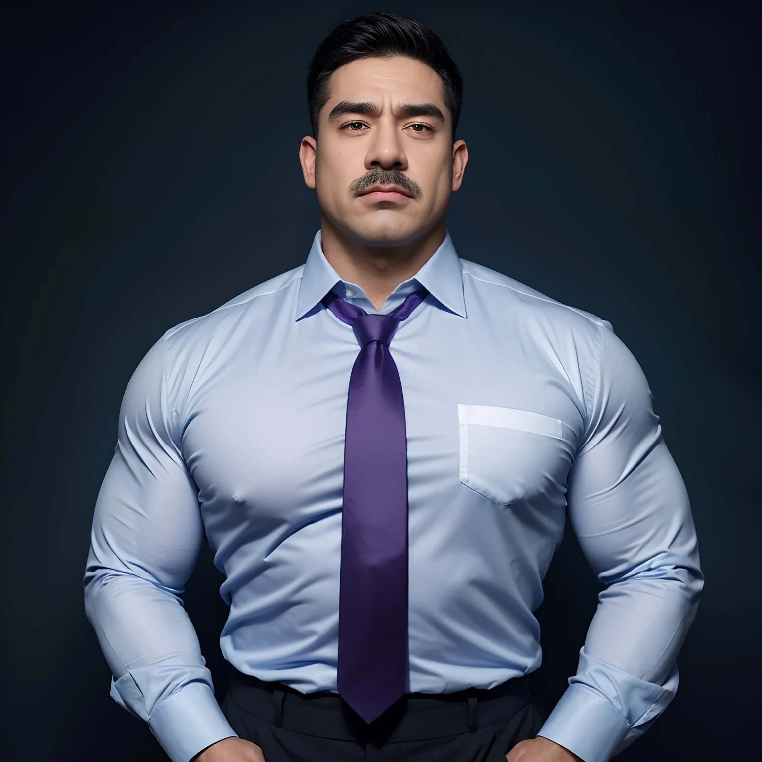 Hulk muscular uncle，Slightly fat，short mustache，Thick eyebrows，brush cut，There are pectoral muscles，The upper half wears a purple-blue long-sleeved professional shirt，With a wide dark blue tie，The shirt was all unbuttoned，Exposing the pectoral muscles，There are chest hairs on the pectoral muscles，Sit in the steaming room，The whole body is sweaty，The expression is shy