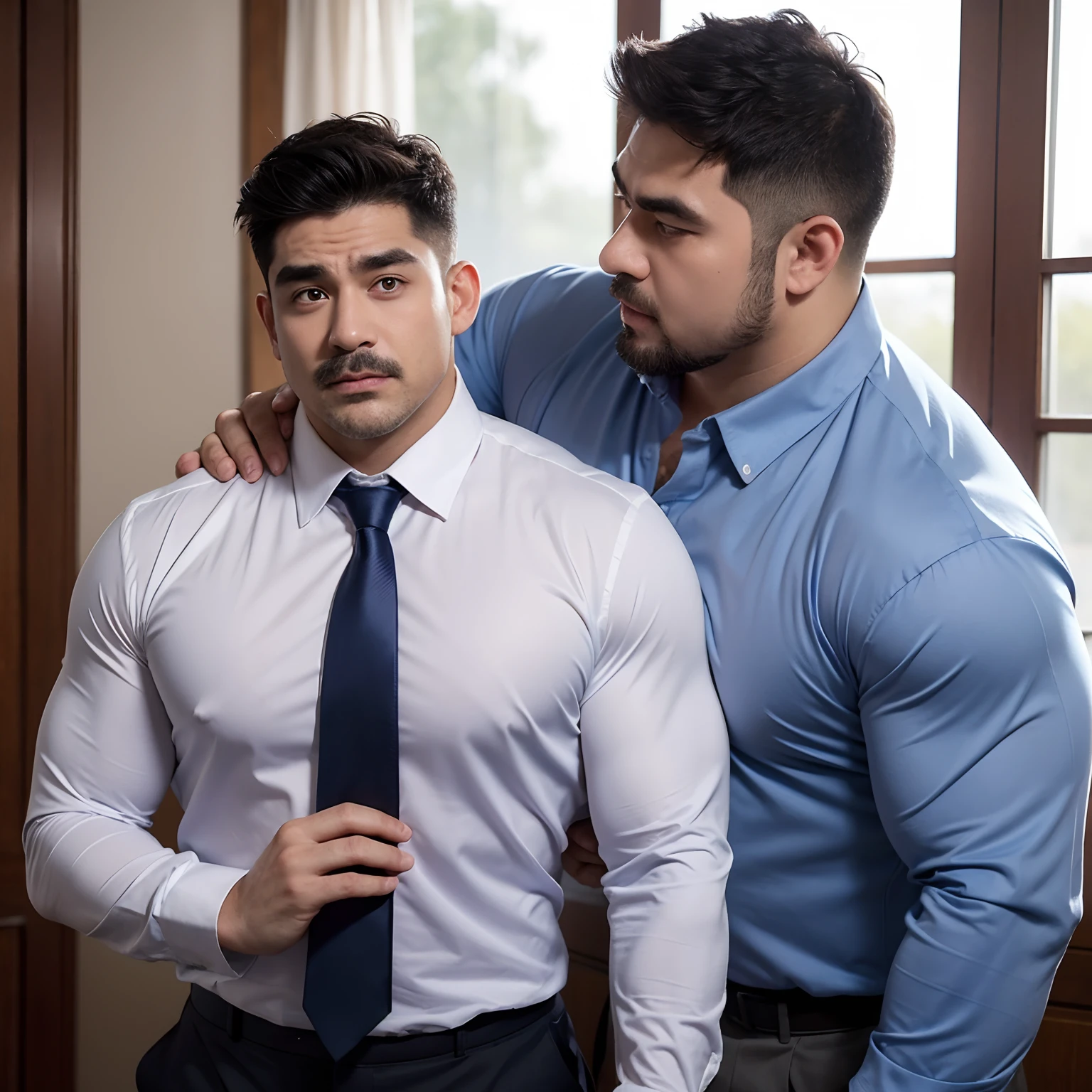 two men, two males, hyper realistic image of extremely handsome 30 year old filipino man, mature features, wearing a fancy suit, kissing a handsome 30 year old muscular filipino man wearing a fitted black suit, in an enclosed elevator, sex from behind, standing sex, perfect face, front view, full body, fill frame, zoomed out, highly detailed, intricate details, sharp focus