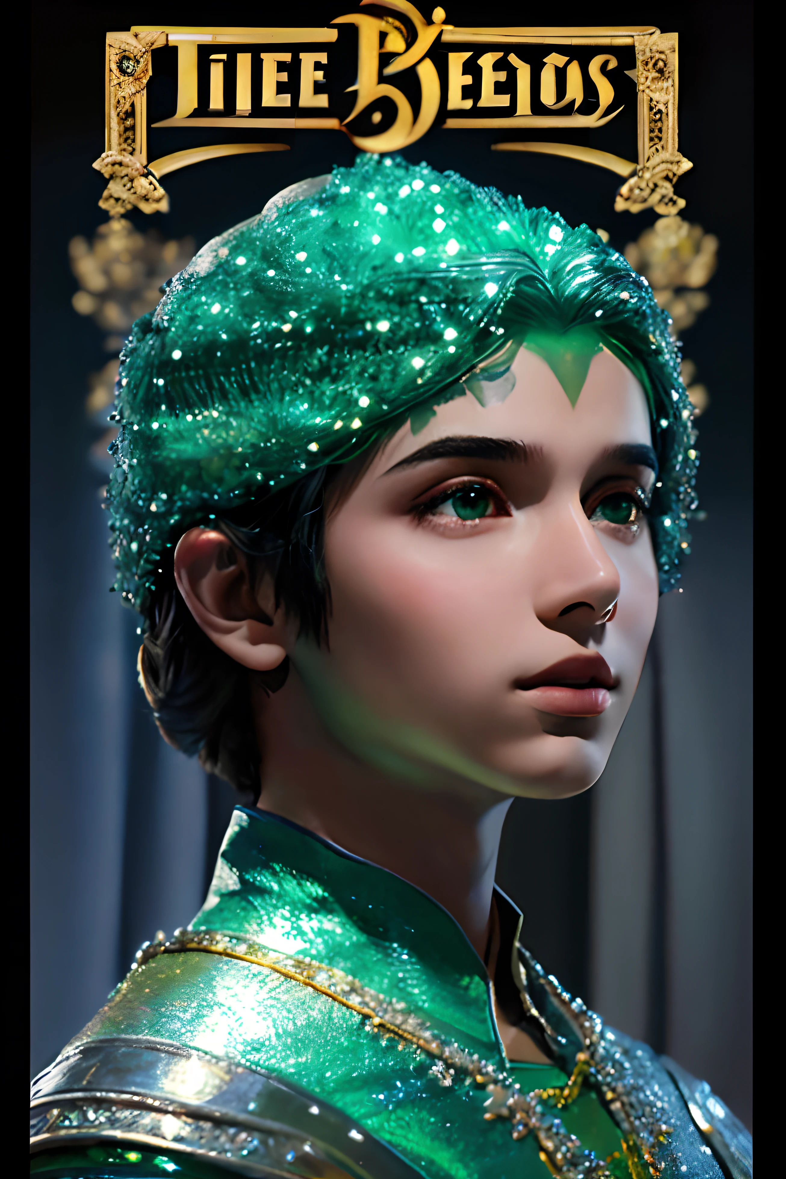 Capa de filme da Disney com uma foto do rosto de um menino sendo iluminado pela luz brilhante de uma pedra preciosa verde com marcas esculpidas dos letreiros.